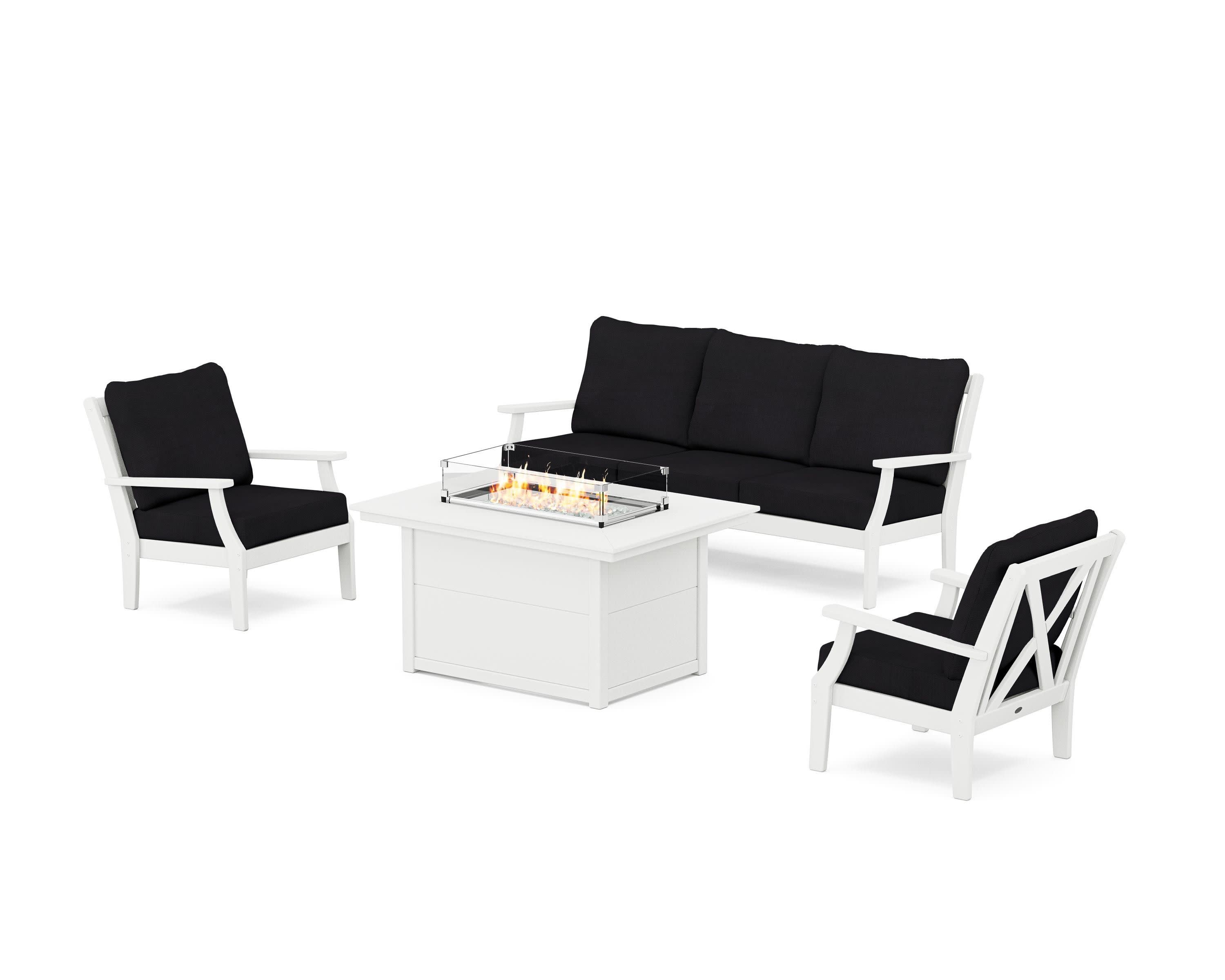 Braxton Deep Seating Fire Pit Table Set in White / Midnight Linen