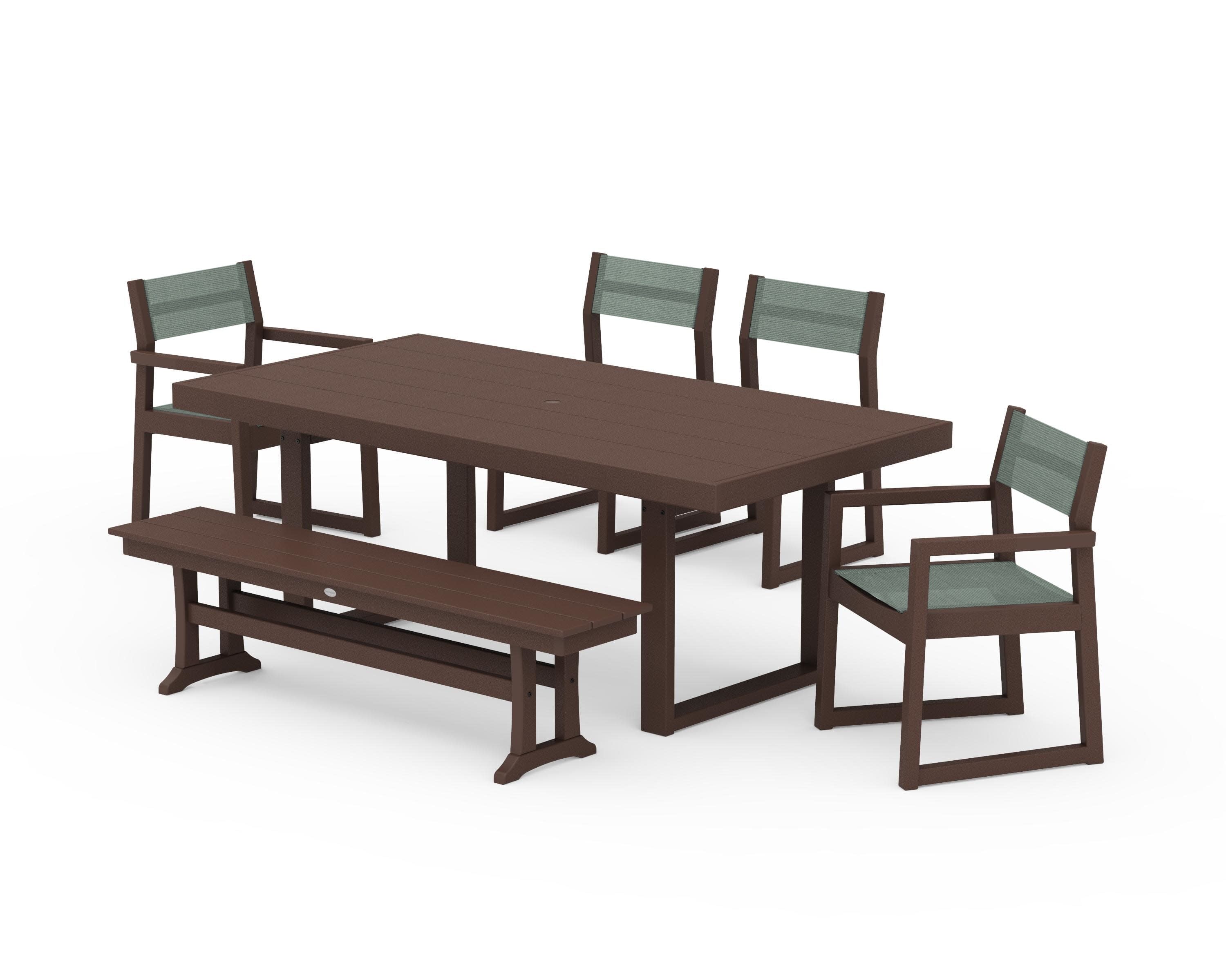 EDGE Sling 6-Piece Dining Set with Bench in Mahogany / Dupioni Sea Mist Sling