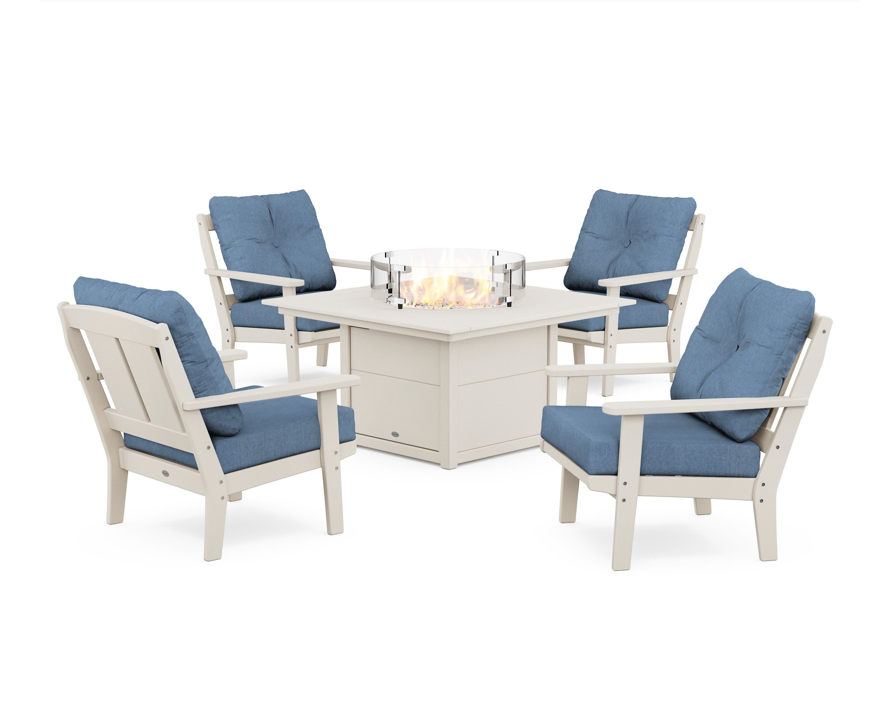 Mission 5-Piece Deep Seating Set with Fire Pit Table in Sand / Sky Blue