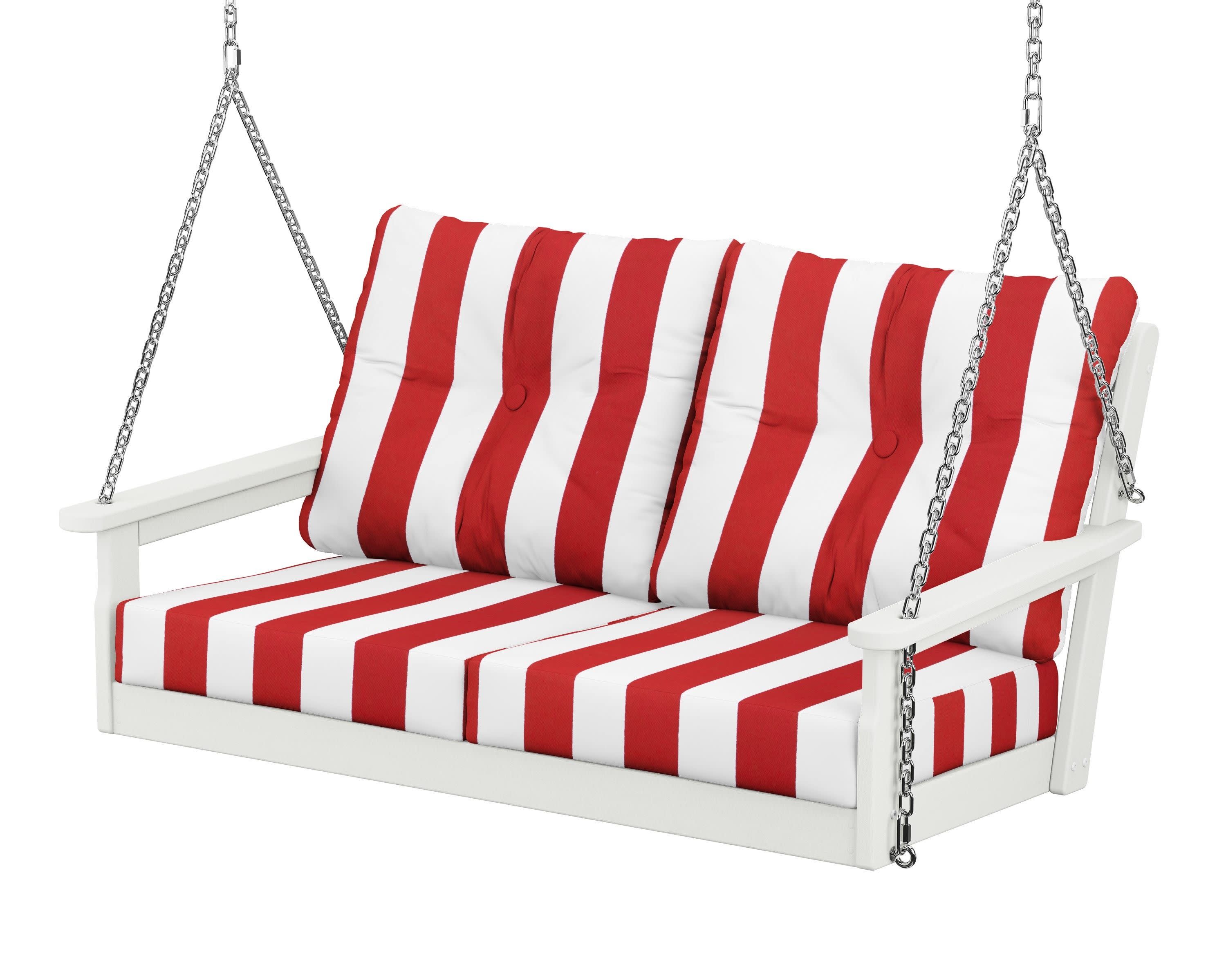 Vineyard Deep Seating Swing in Vintage White / Cabana Stripe Crimson