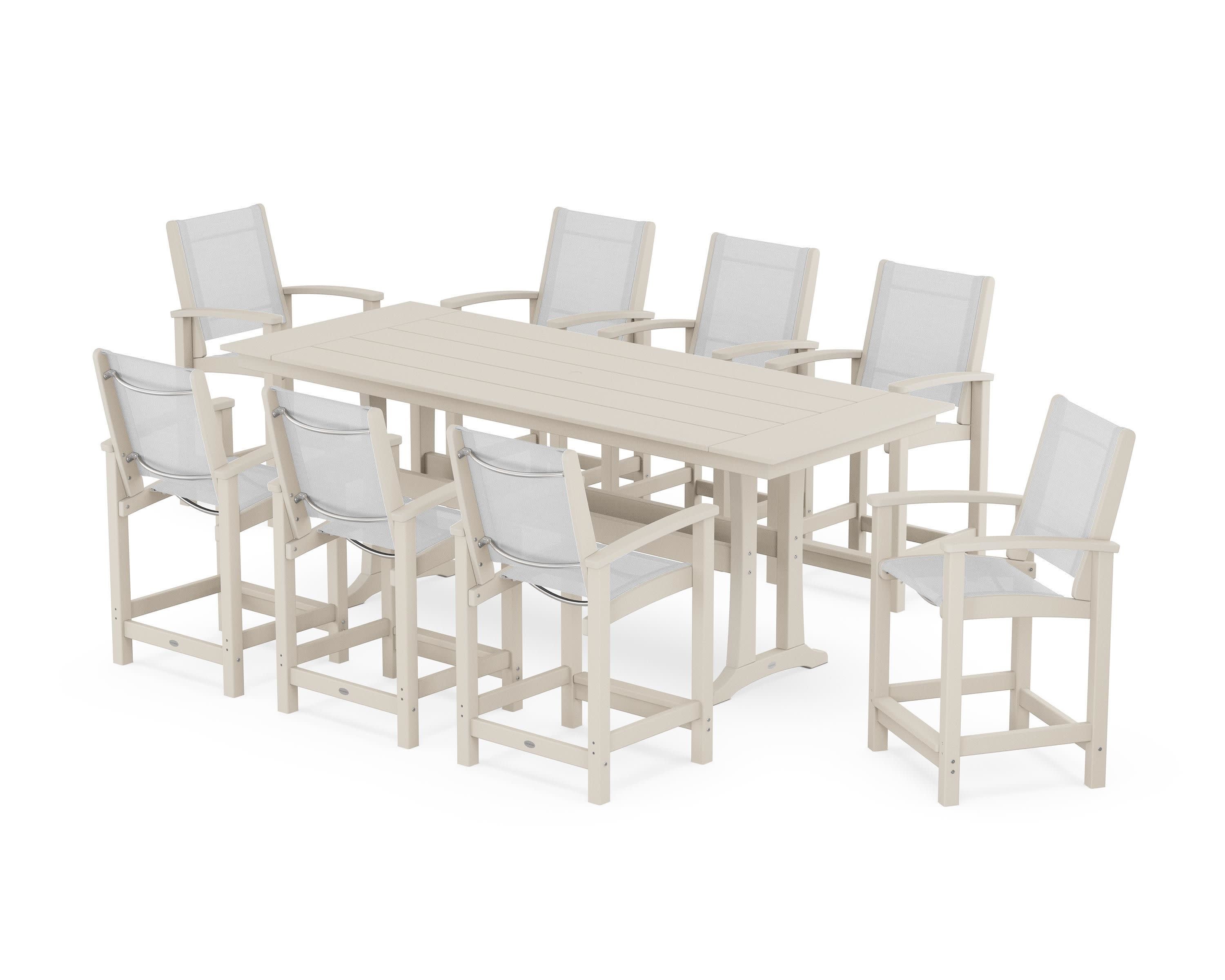 Coastal 9-Piece Farmhouse Counter Set with Trestle Legs in Sand / White Sling