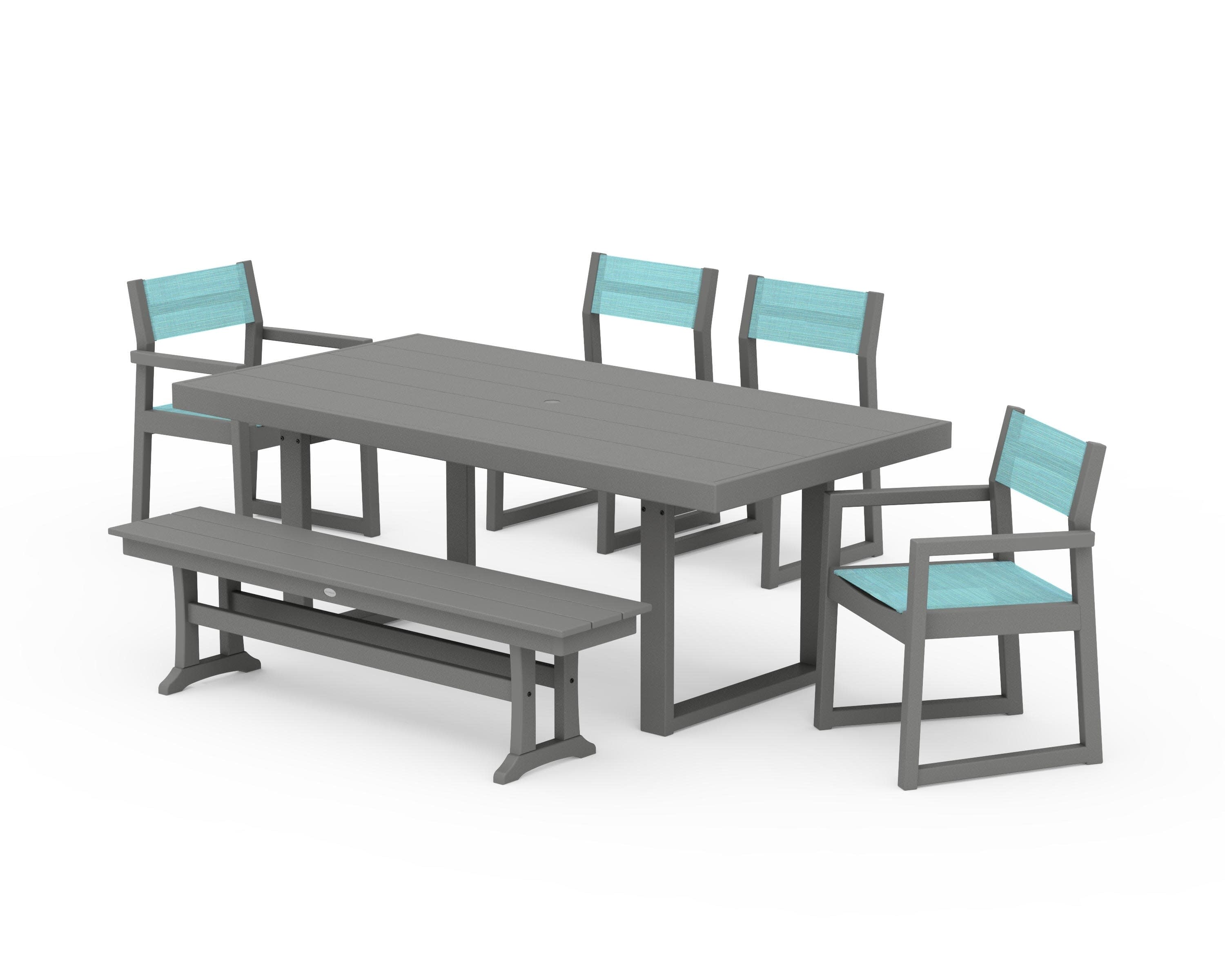 EDGE Sling 6-Piece Dining Set with Bench in Slate Grey / Dupioni Aquamarine Sling