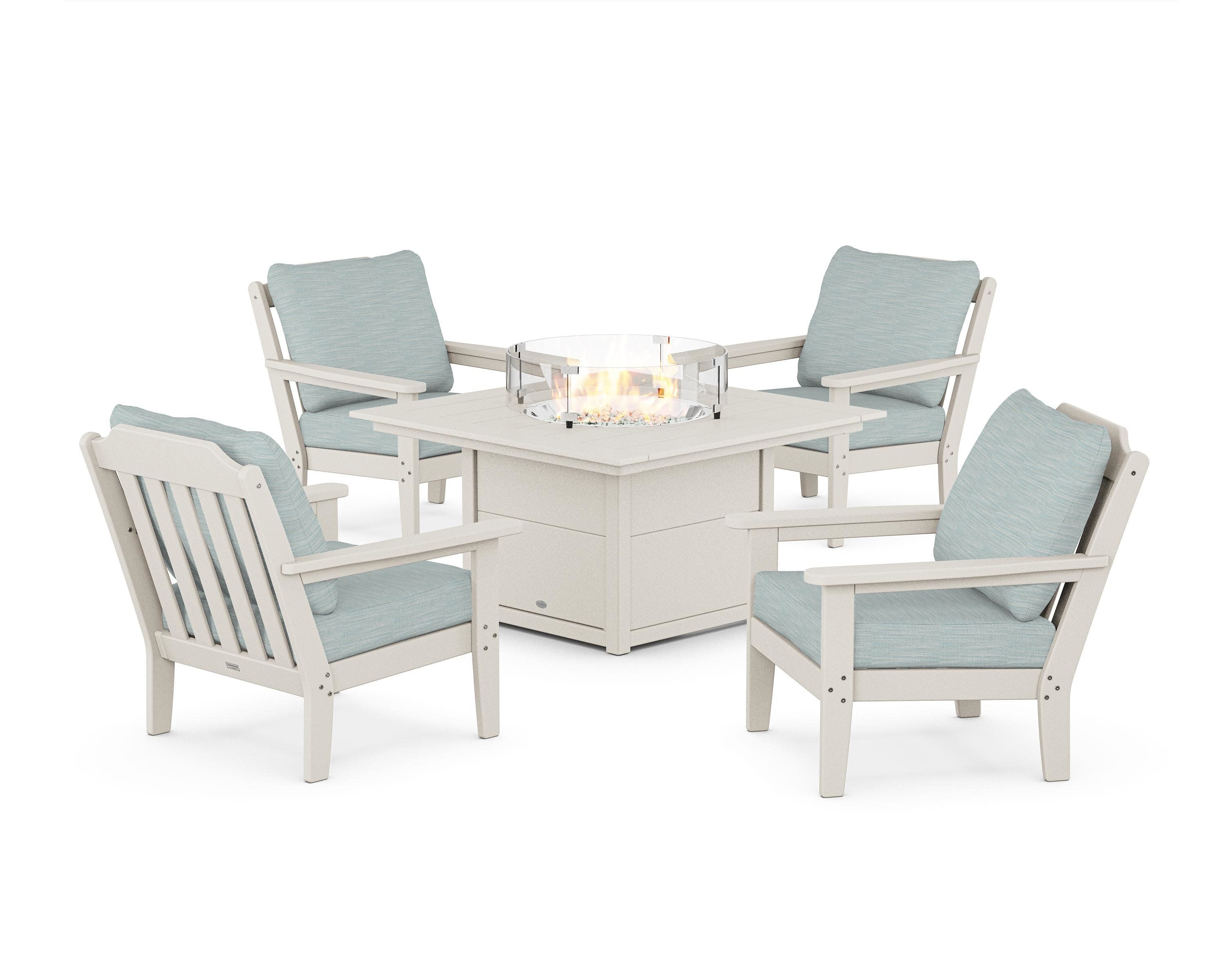 Cottage 5-Piece Deep Seating Set with Fire Pit Table in Sand / Soothe Mist