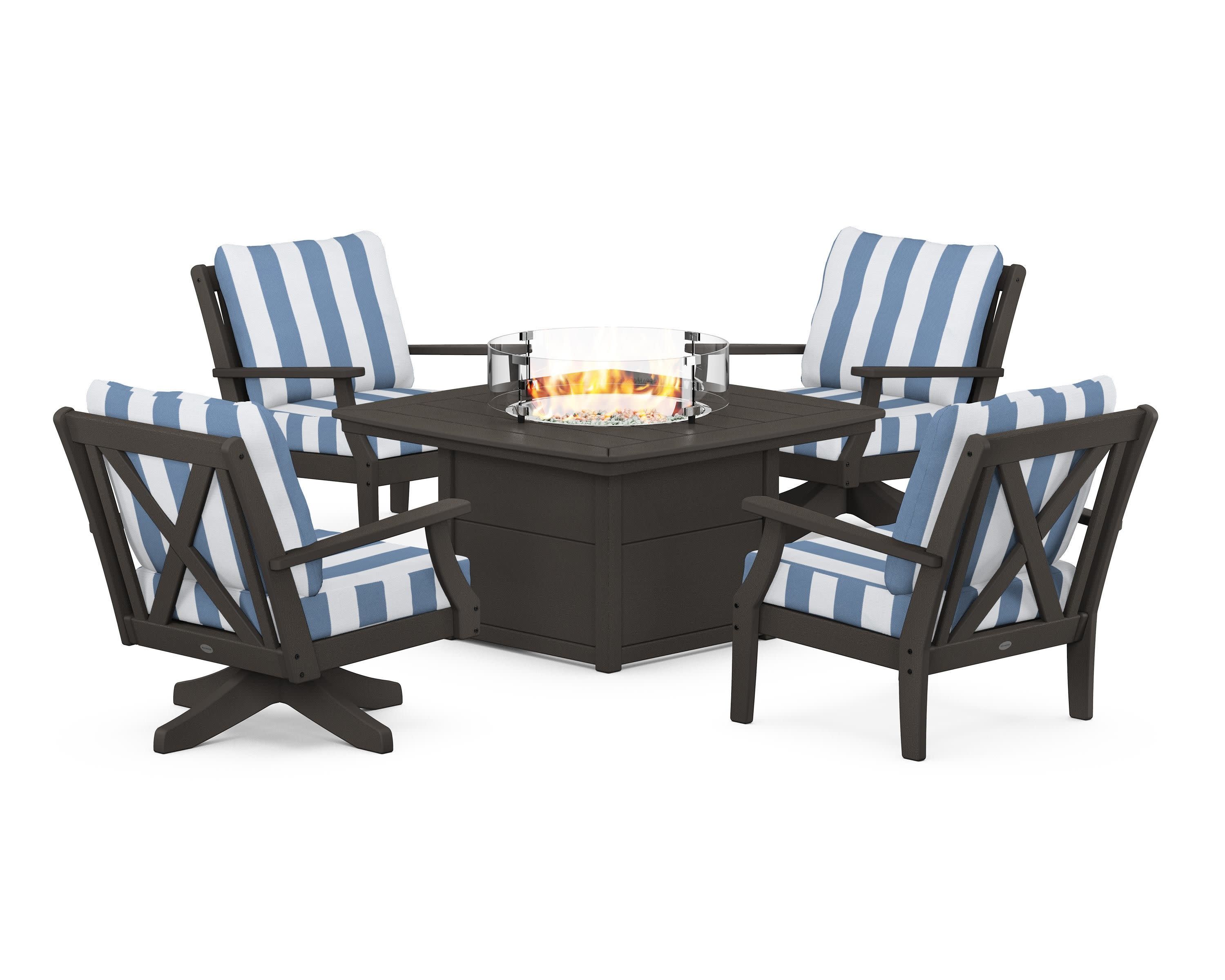 Braxton 5-Piece Deep Seating Set with Fire Table in Vintage Coffee / Cabana Stripe Sky Blue
