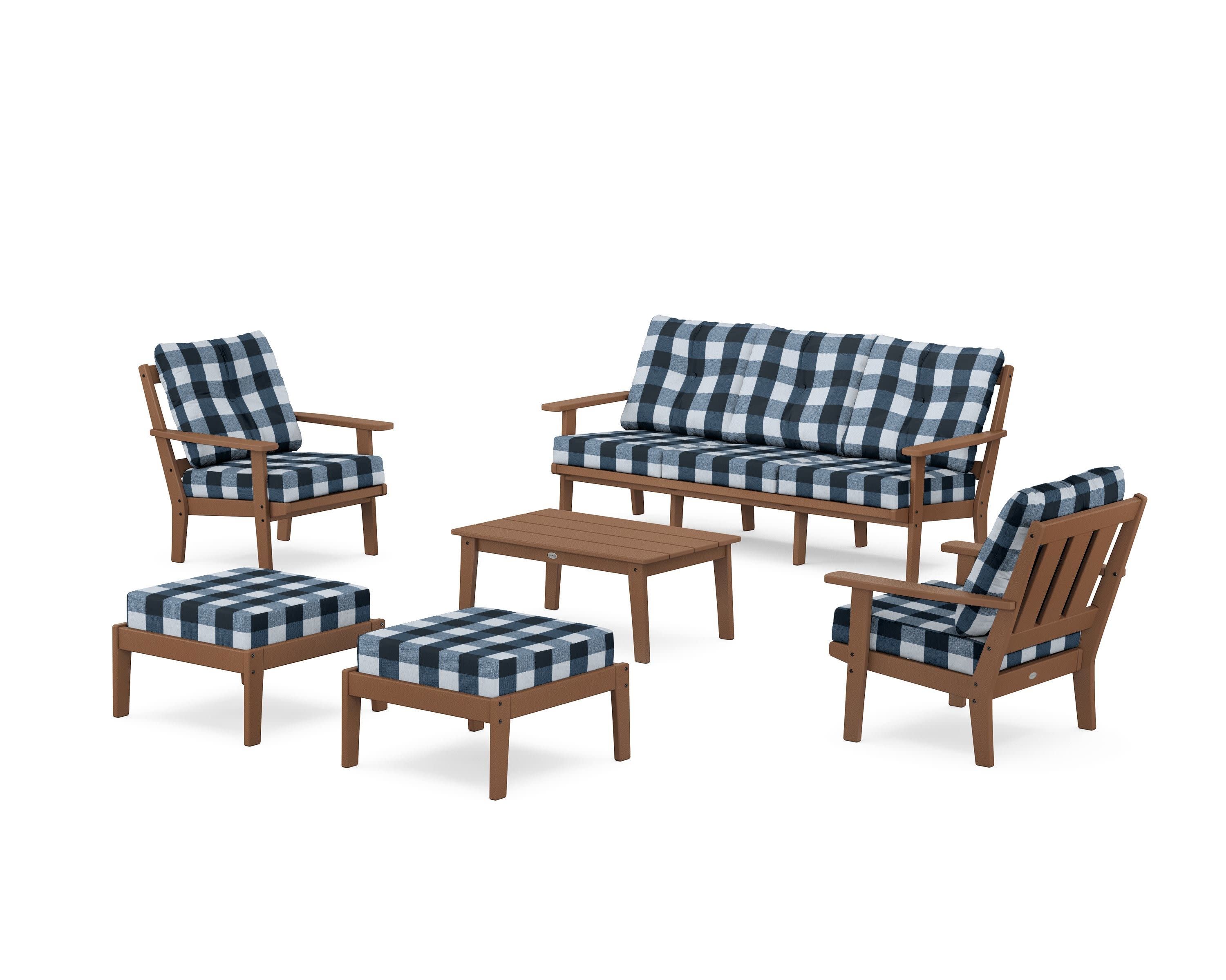 Oxford 6-Piece Lounge Sofa Set in Teak / Buffalo Plaid Marine Indigo