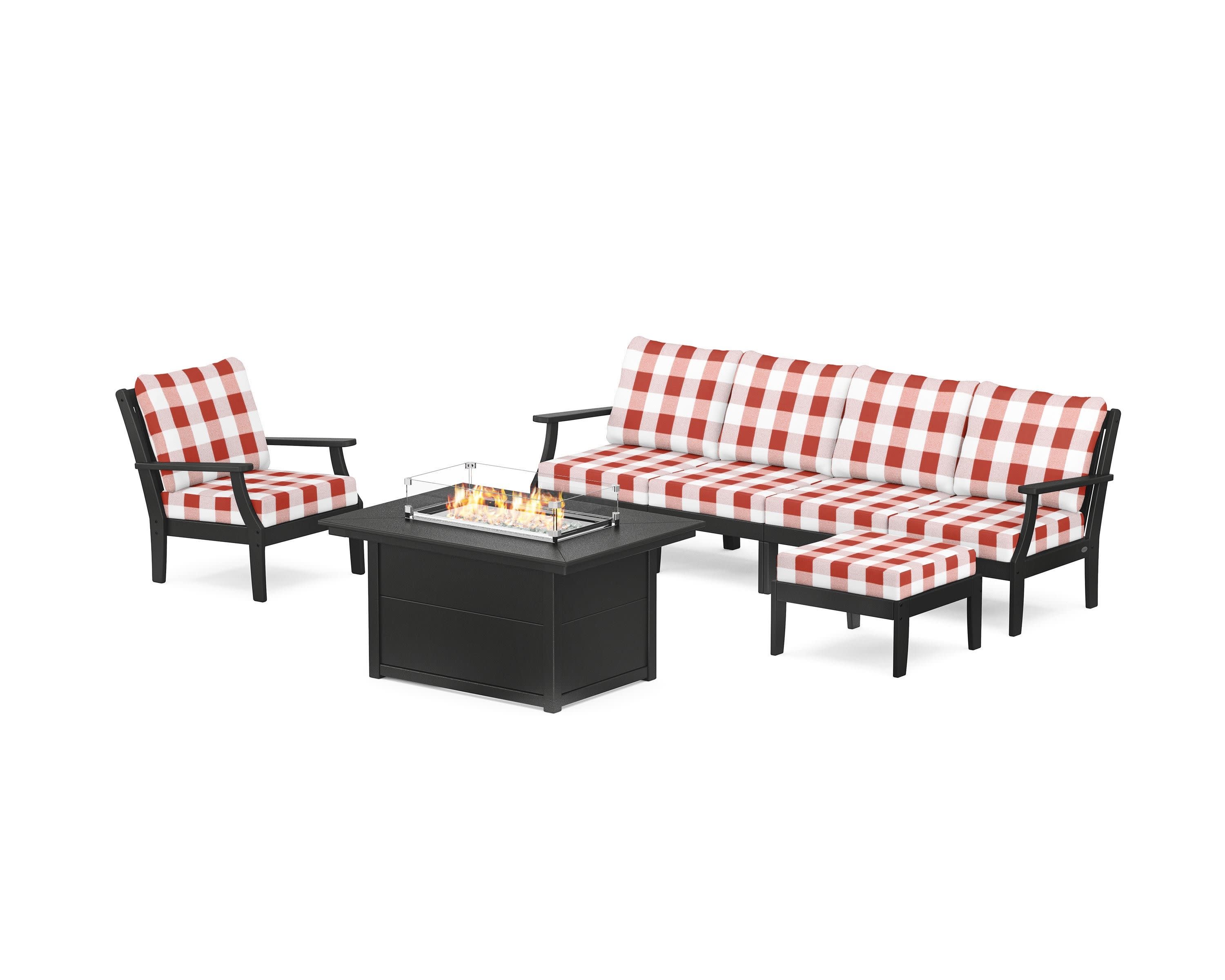 Braxton Sectional Lounge and Fire Pit Set in Black / Buffalo Plaid Crimson