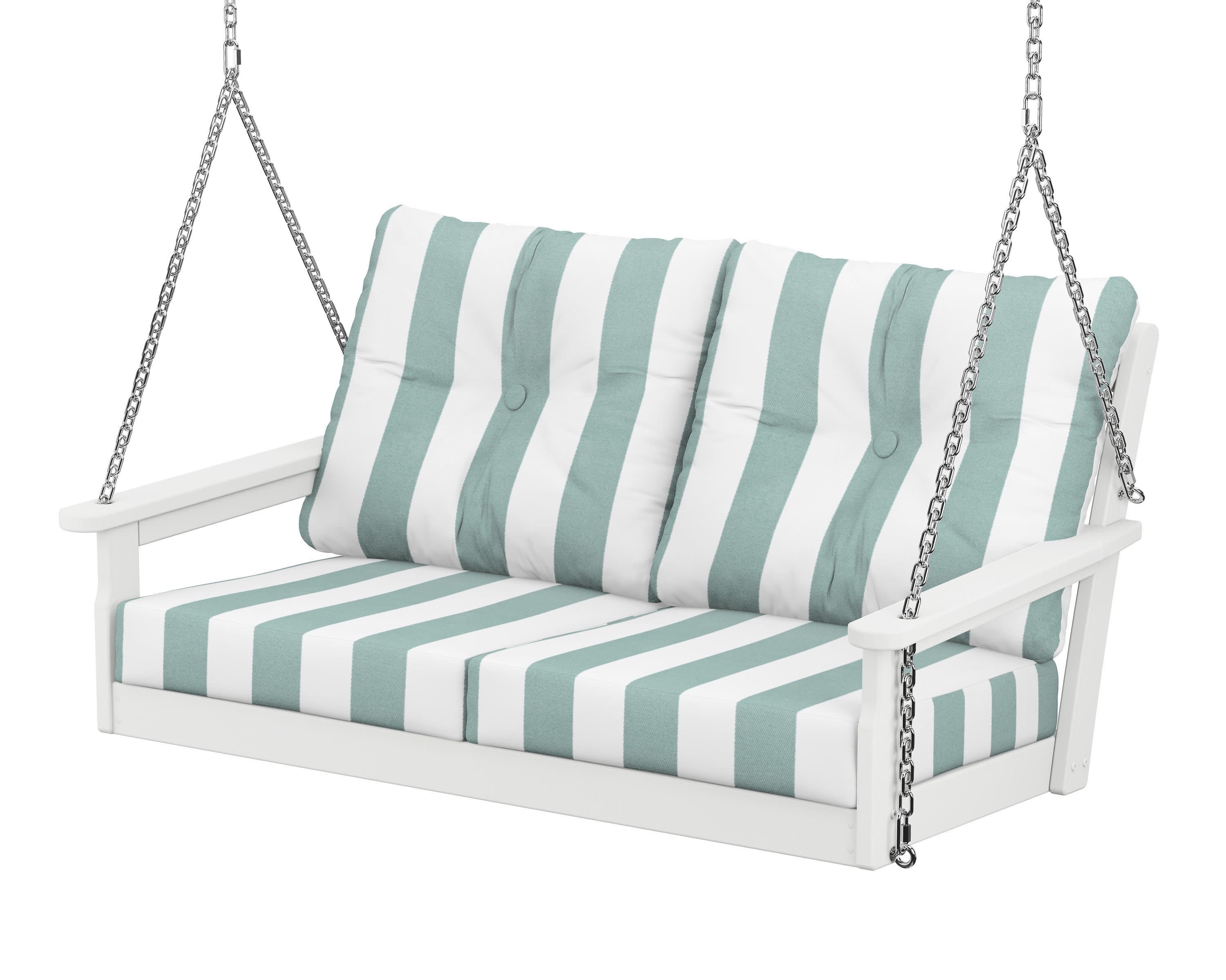 Vineyard Deep Seating Swing in White / Cabana Stripe Glacier Spa
