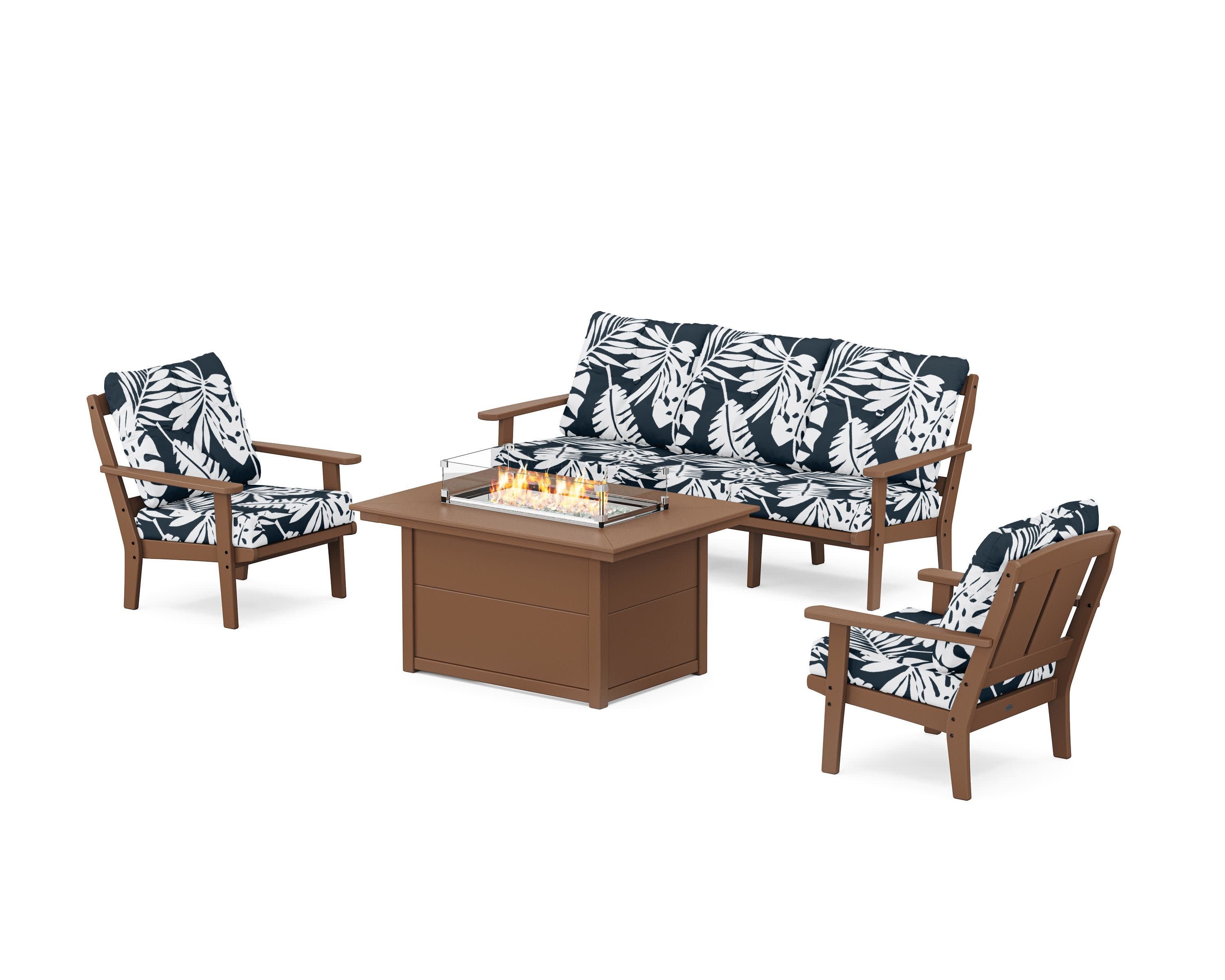 Mission Deep Seating Fire Pit Table Set in Teak / Leaf Marine Indigo