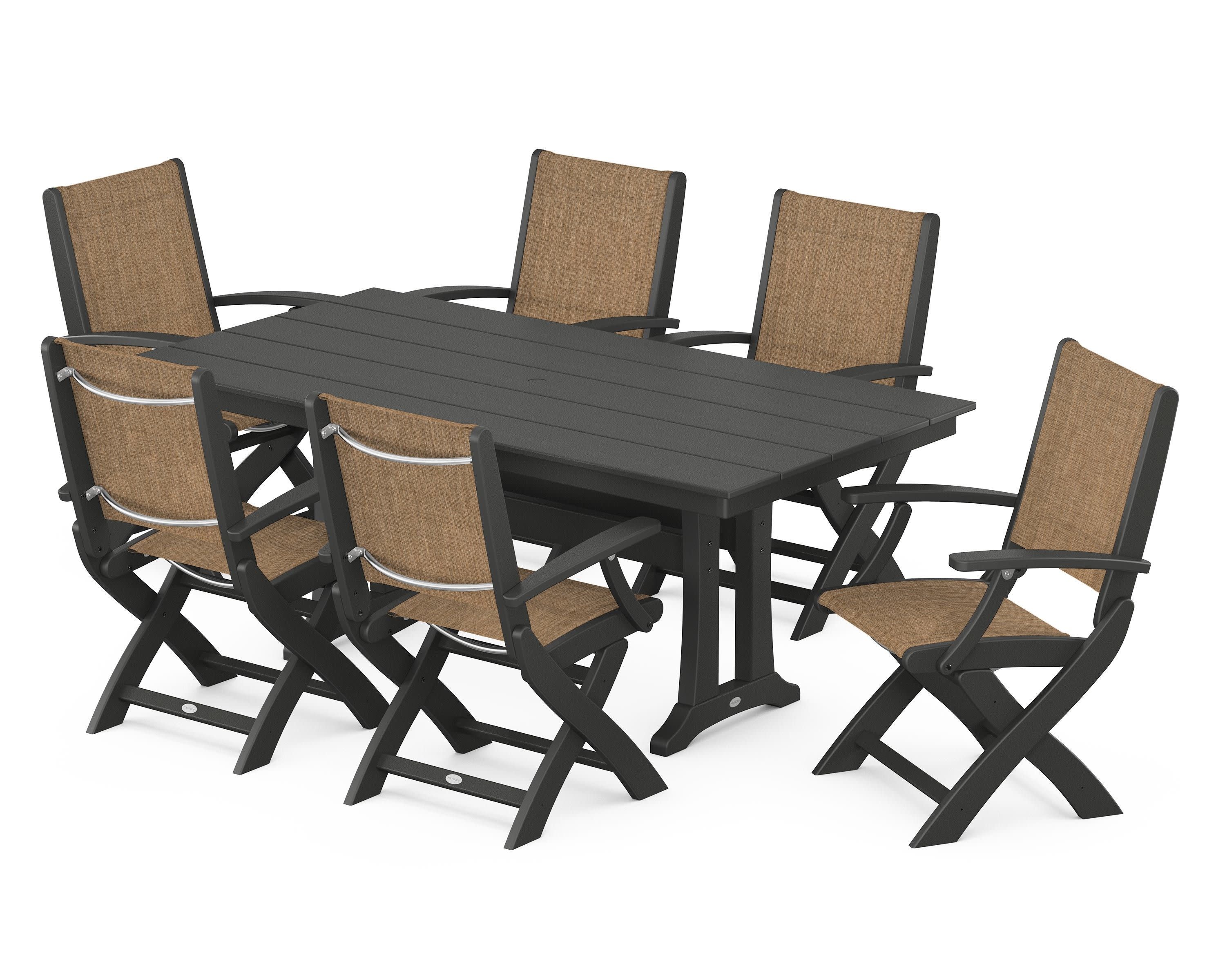 Coastal Folding Arm Chair 7-Piece Farmhouse Dining Set with Trestle Legs in Black / Burlap Sling