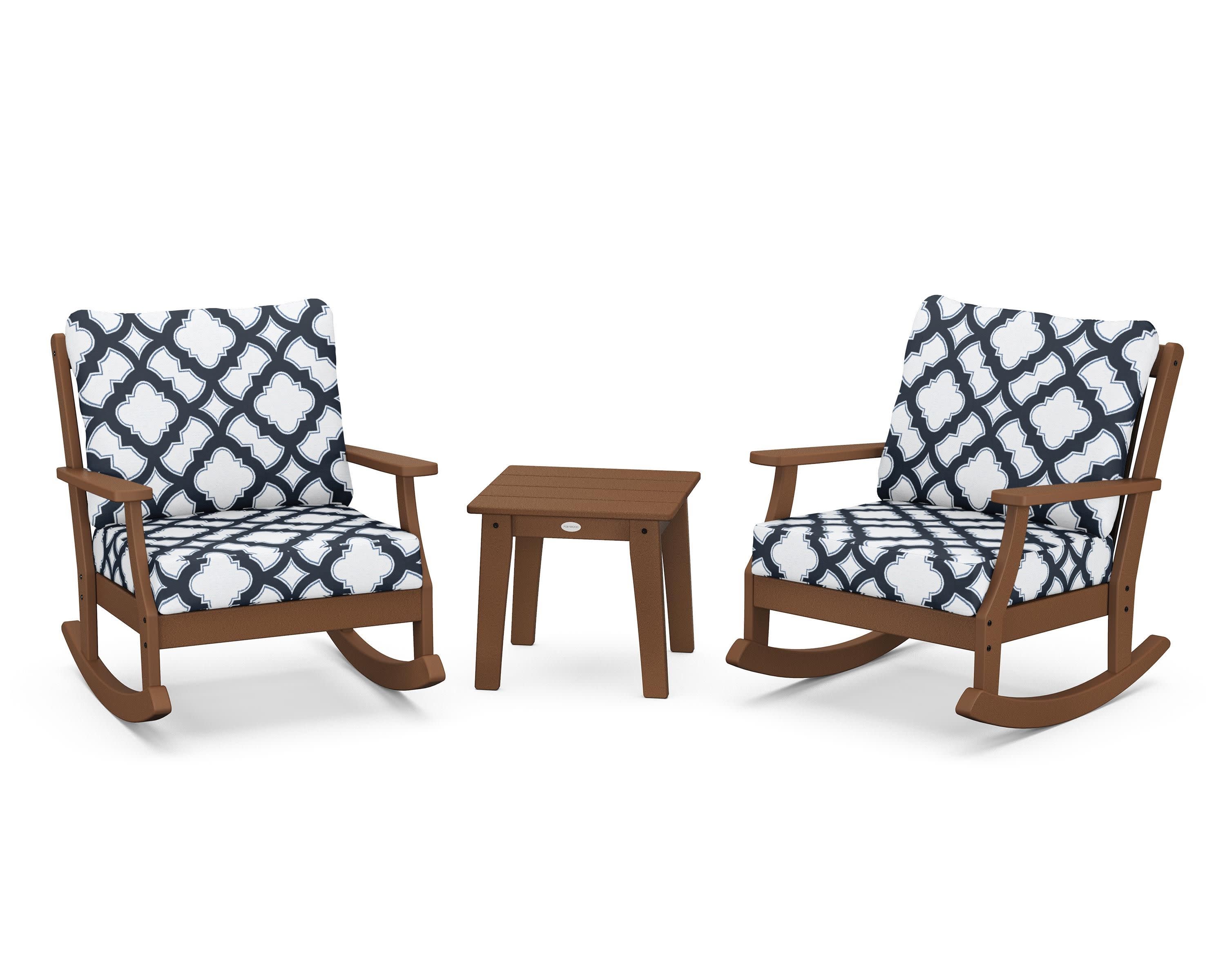 Braxton 3-Piece Deep Seating Rocker Set in Teak / Trellis Marine Indigo