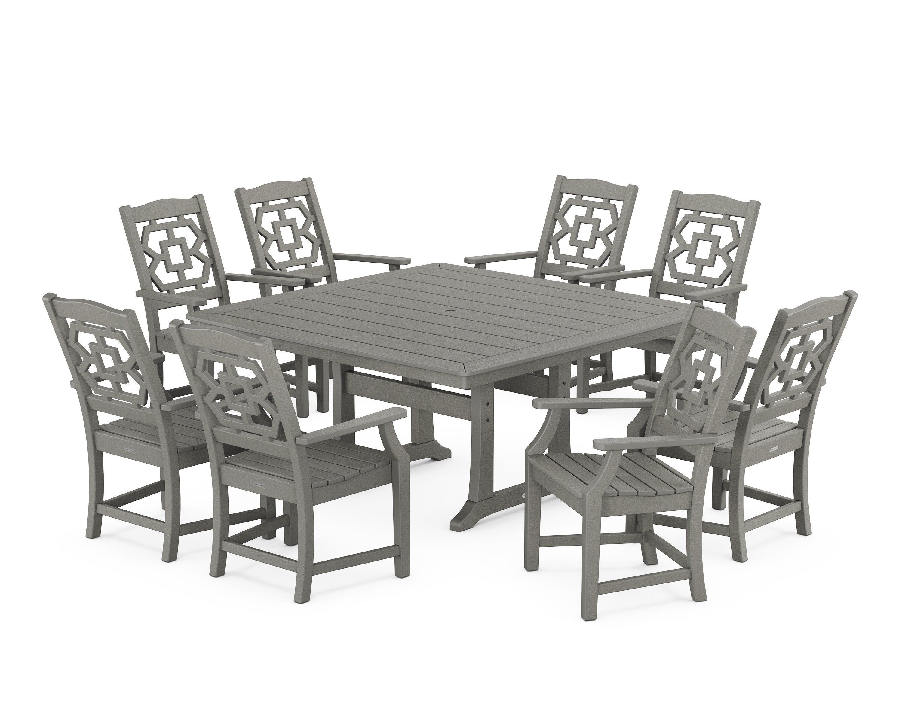 Chinoiserie 9-Piece Square Dining Set with Trestle Legs in Slate Grey