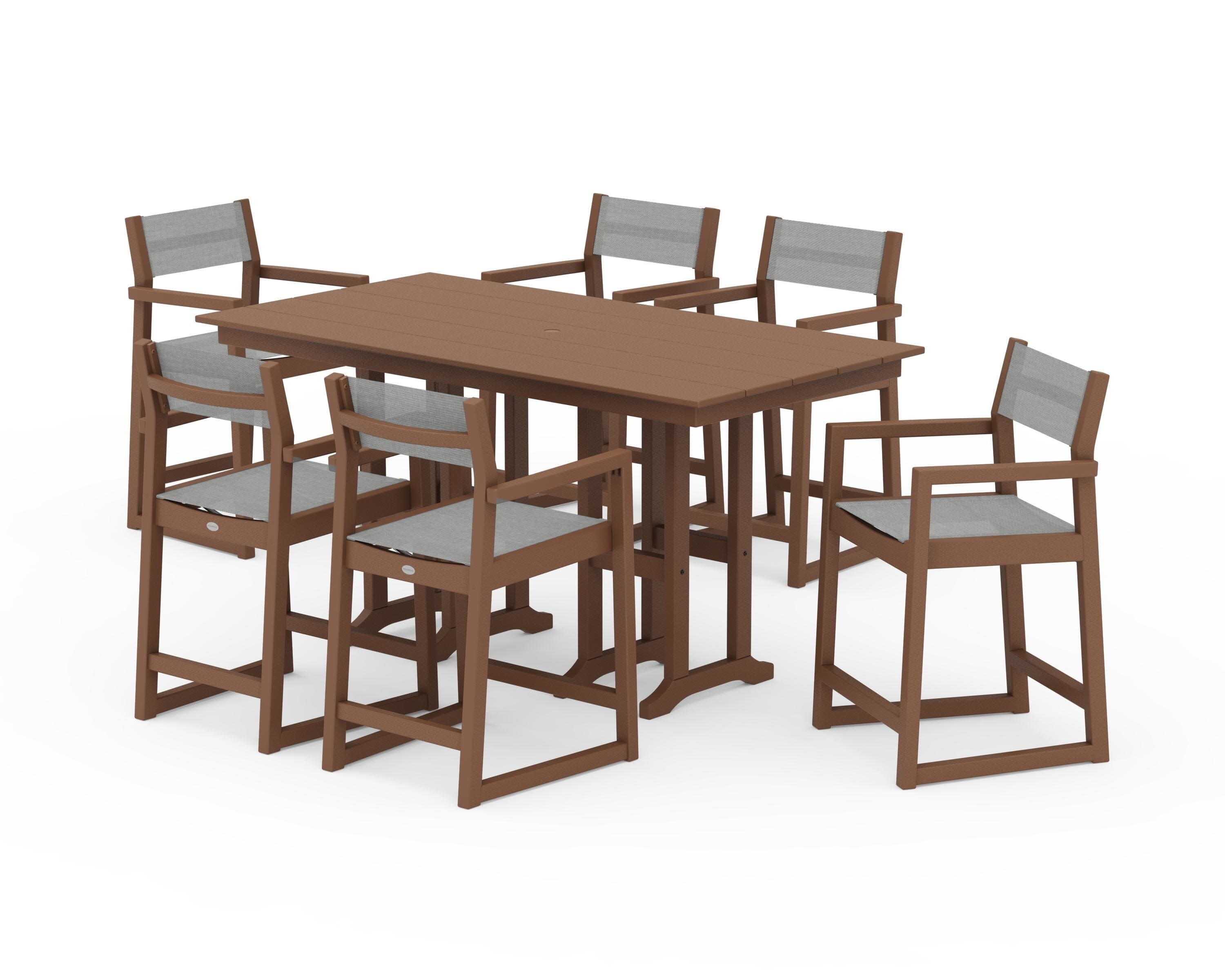 EDGE Sling Arm Chair 7-Piece Farmhouse Counter Set in Teak / Metallic Sling