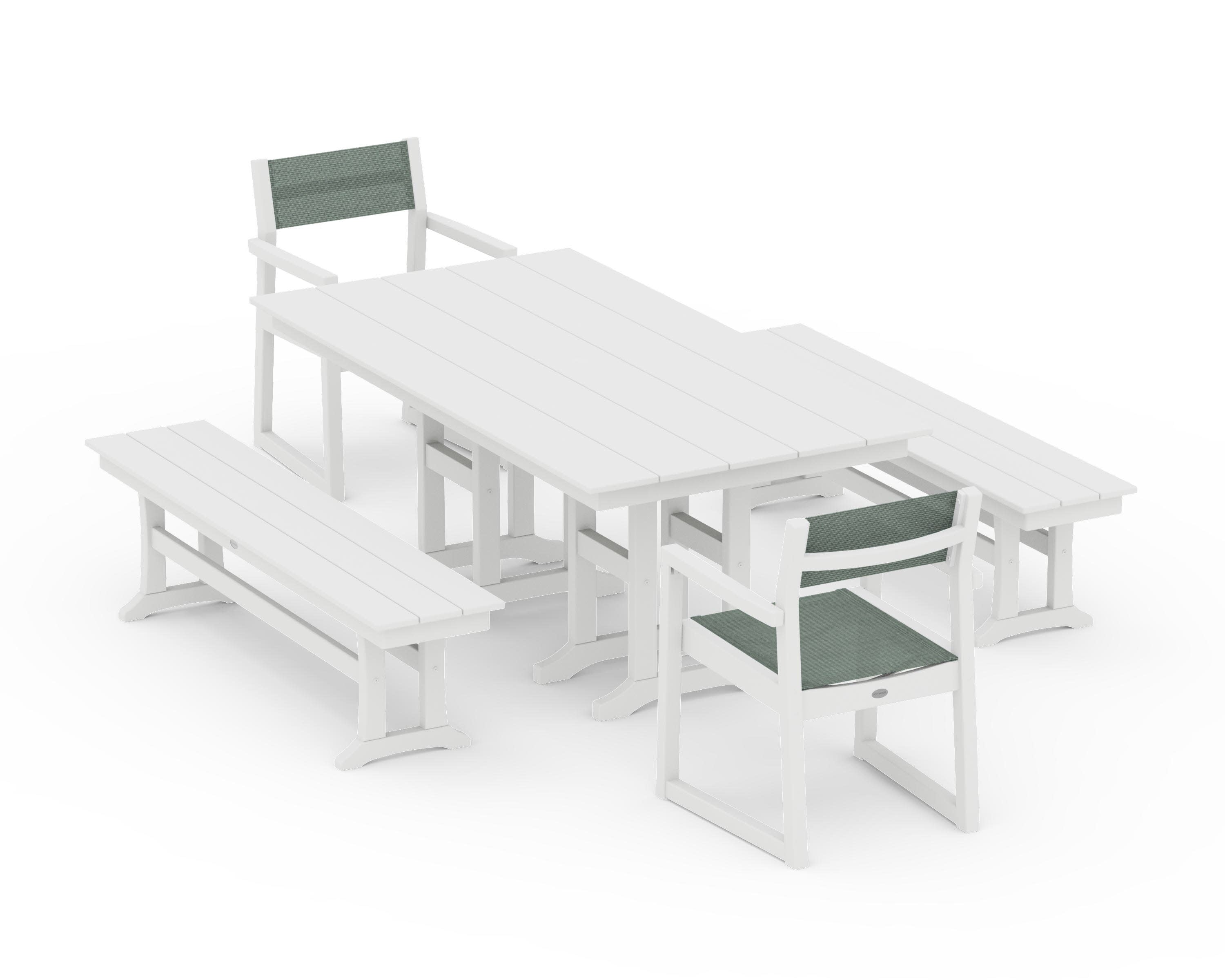 EDGE Sling Arm Chair 5-Piece Farmhouse Dining Set with Benches in White / Dupioni Sea Mist Sling