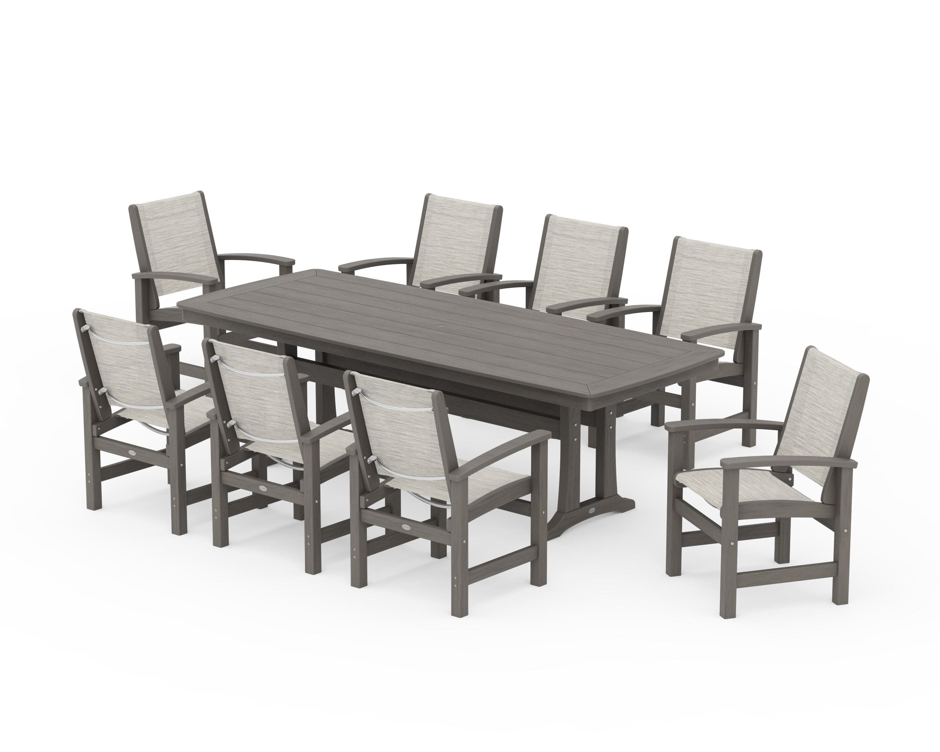 Coastal 9-Piece Dining Set with Trestle Legs in Driftwood / Birch Sling