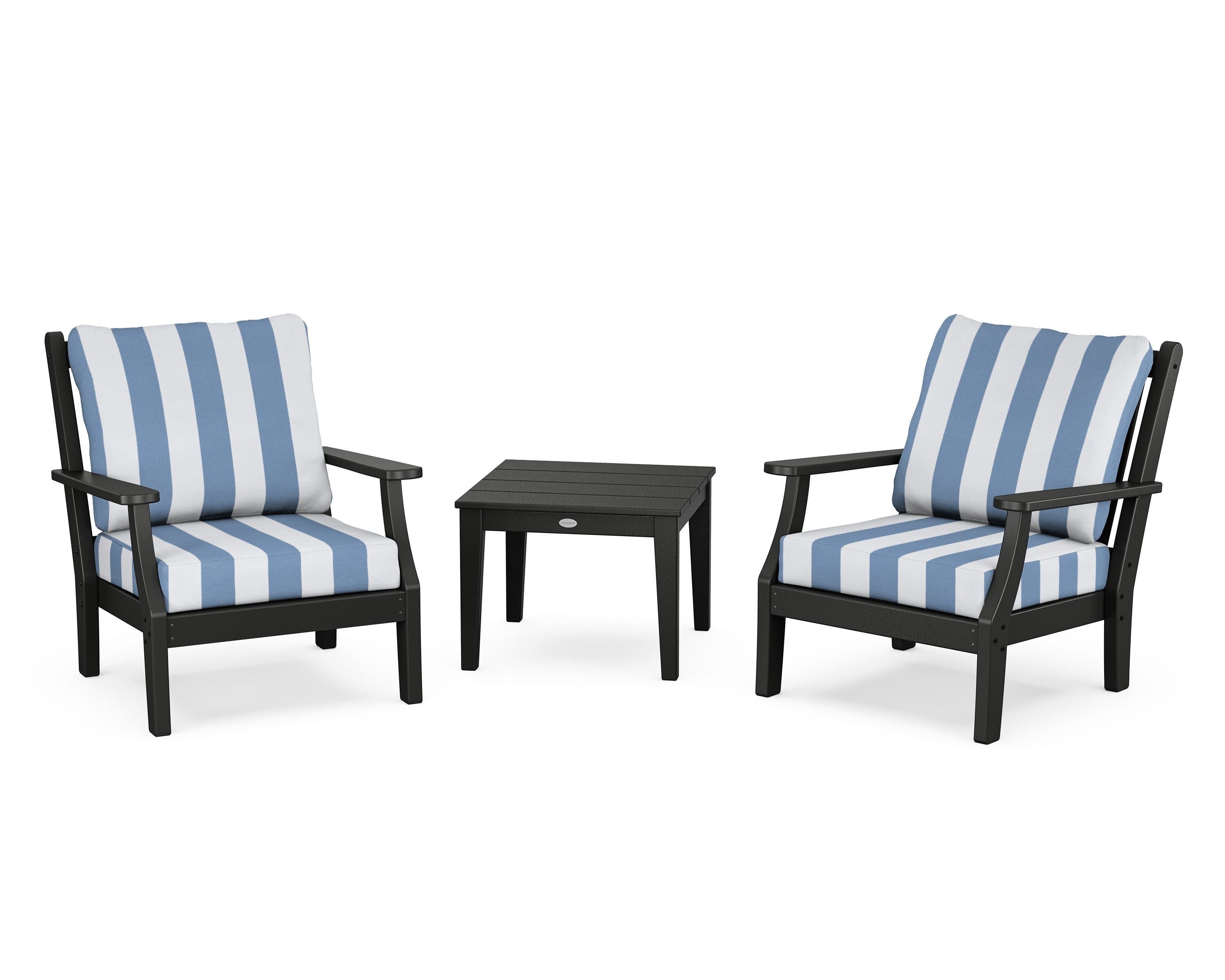 Wovendale 3-Piece Deep Seating Set in Black / Cabana Stripe Sky Blue