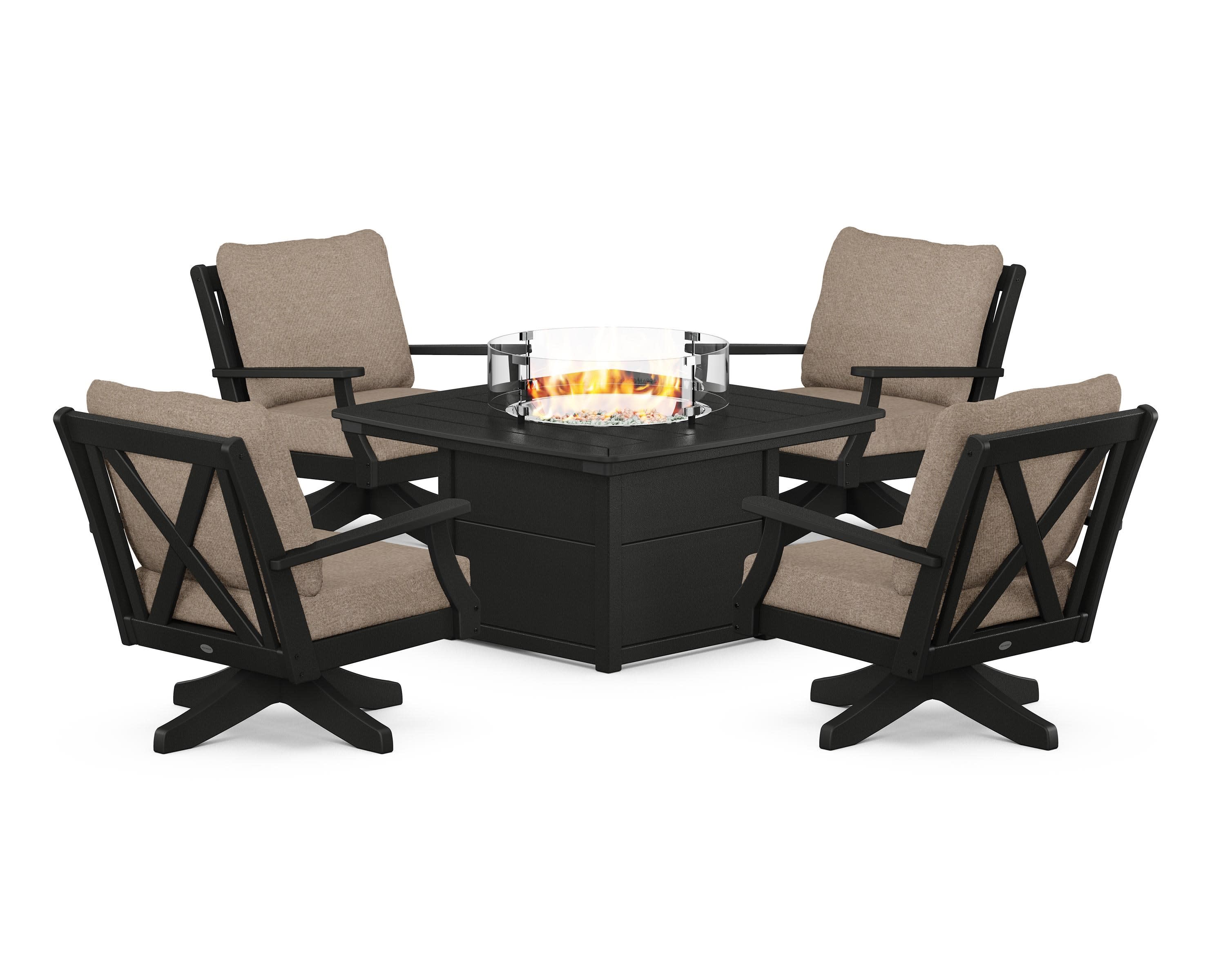 Braxton 5-Piece Deep Seating Swivel Conversation Set with Fire Pit Table in Black / Spiced Burlap
