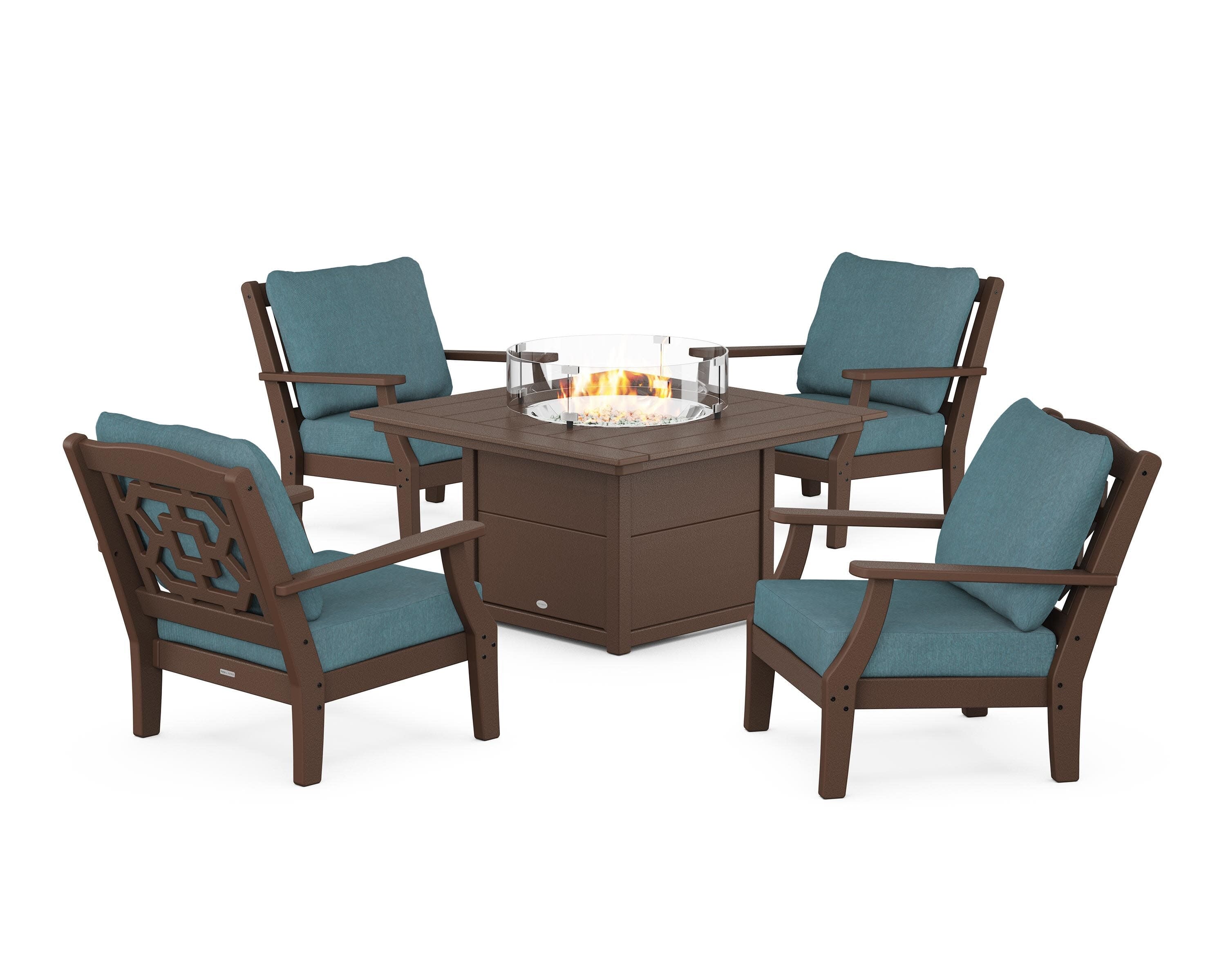 Chinoiserie 5-Piece Deep Seating Set with Fire Pit Table in Mahogany / Ocean Teal