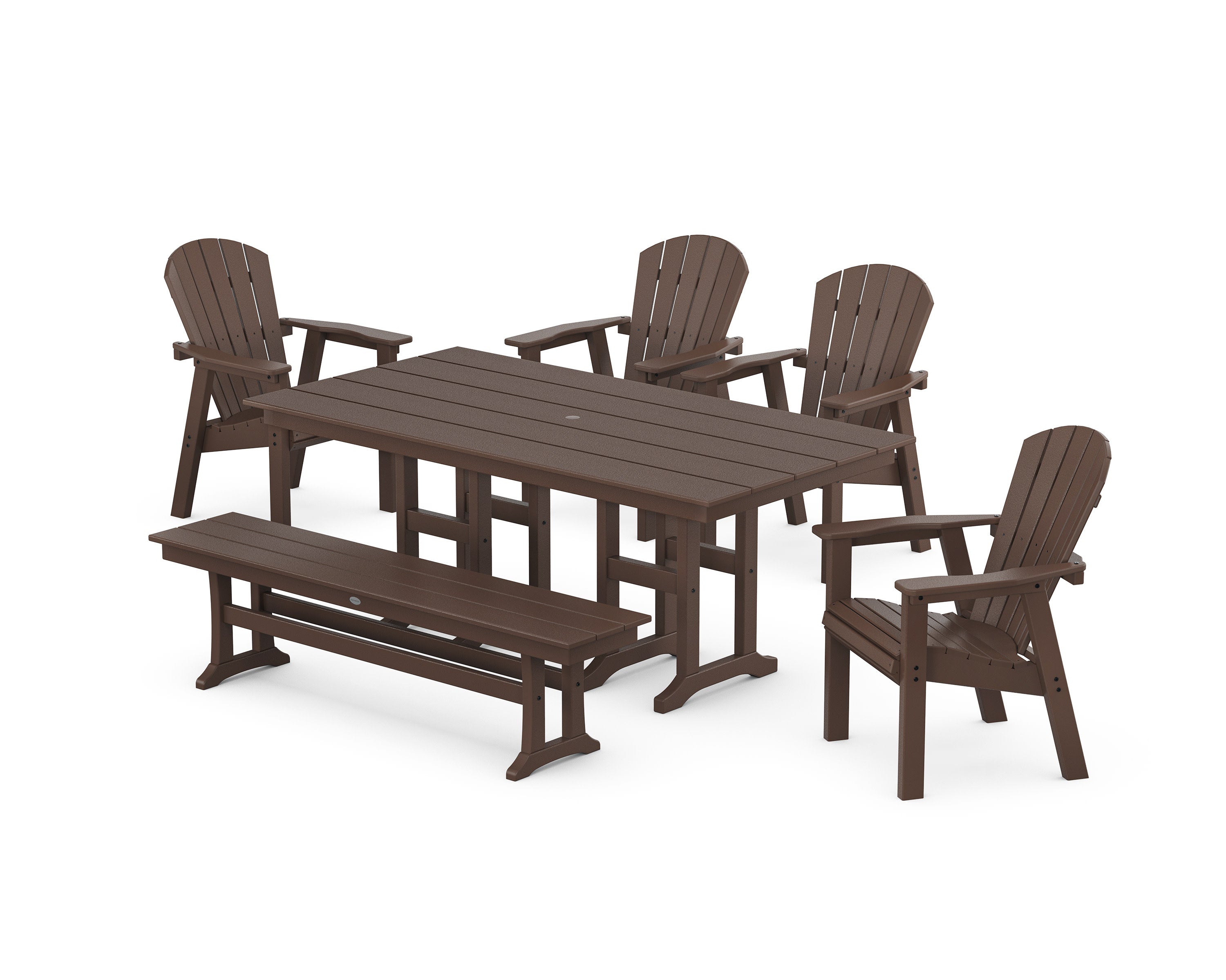 Seashell 6-Piece Farmhouse Dining Set with Bench in Mahogany