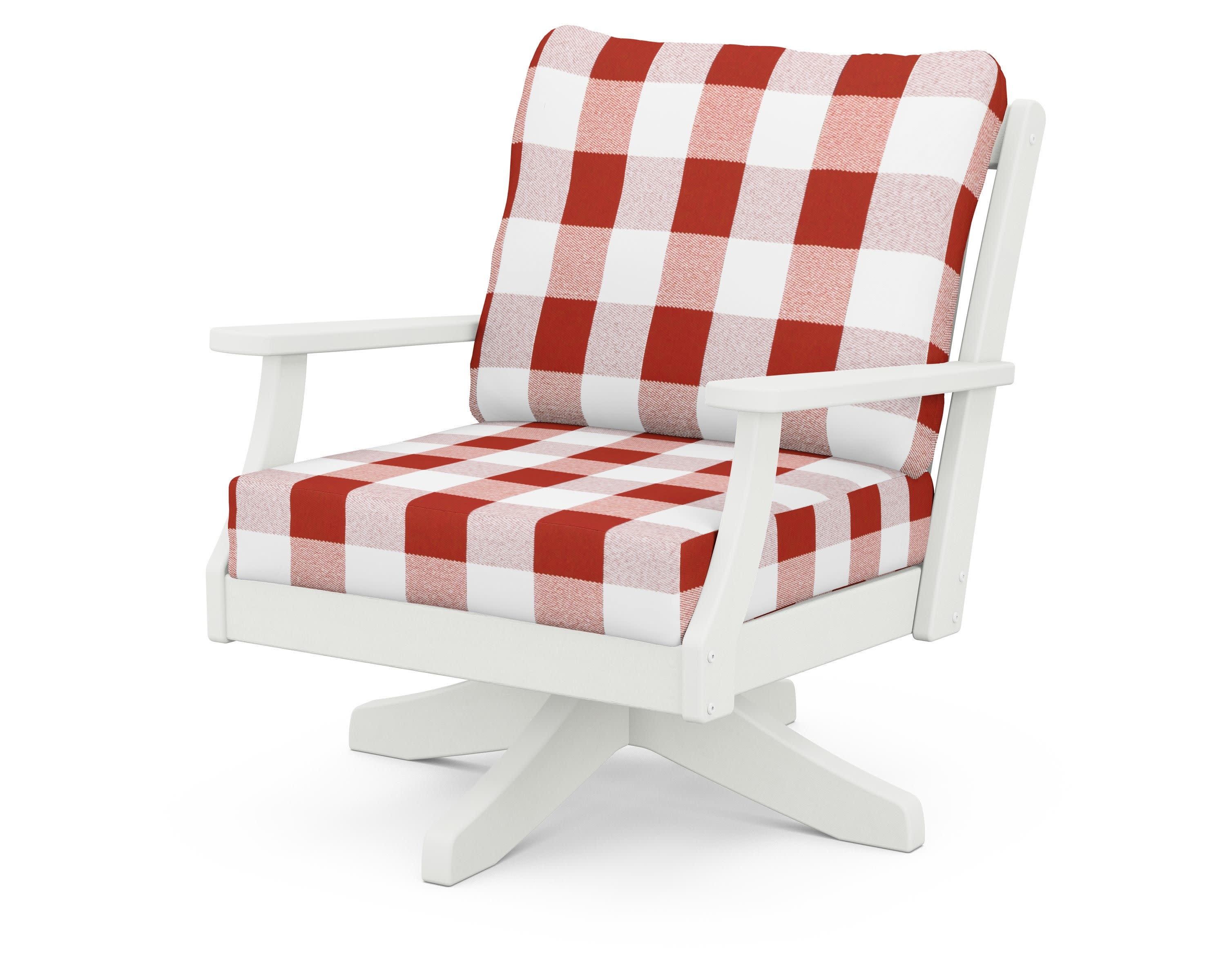 Braxton Deep Seating Swivel Chair in Vintage White / Buffalo Plaid Crimson