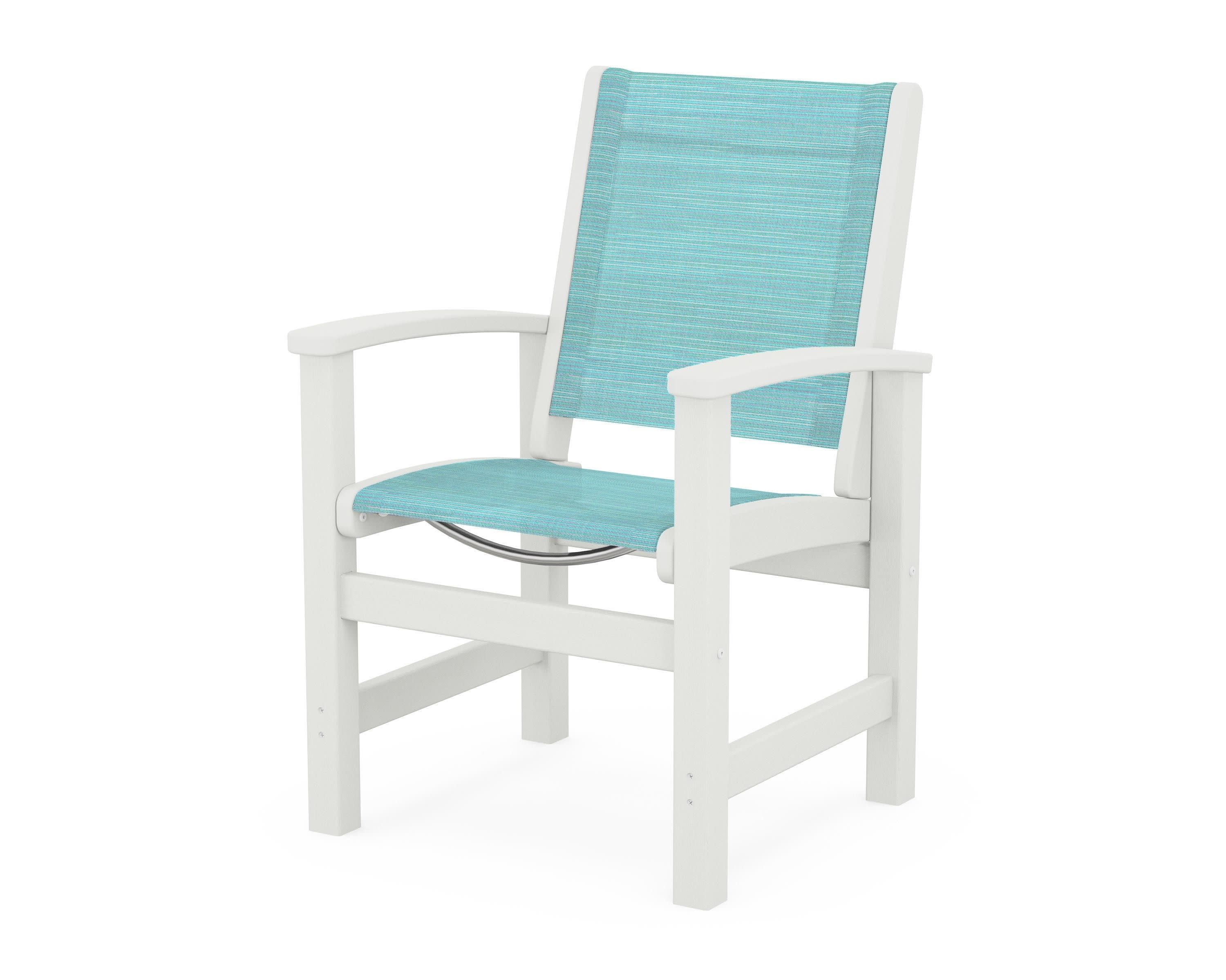 Coastal Dining Chair in Vintage White / Dupioni Aquamarine Sling