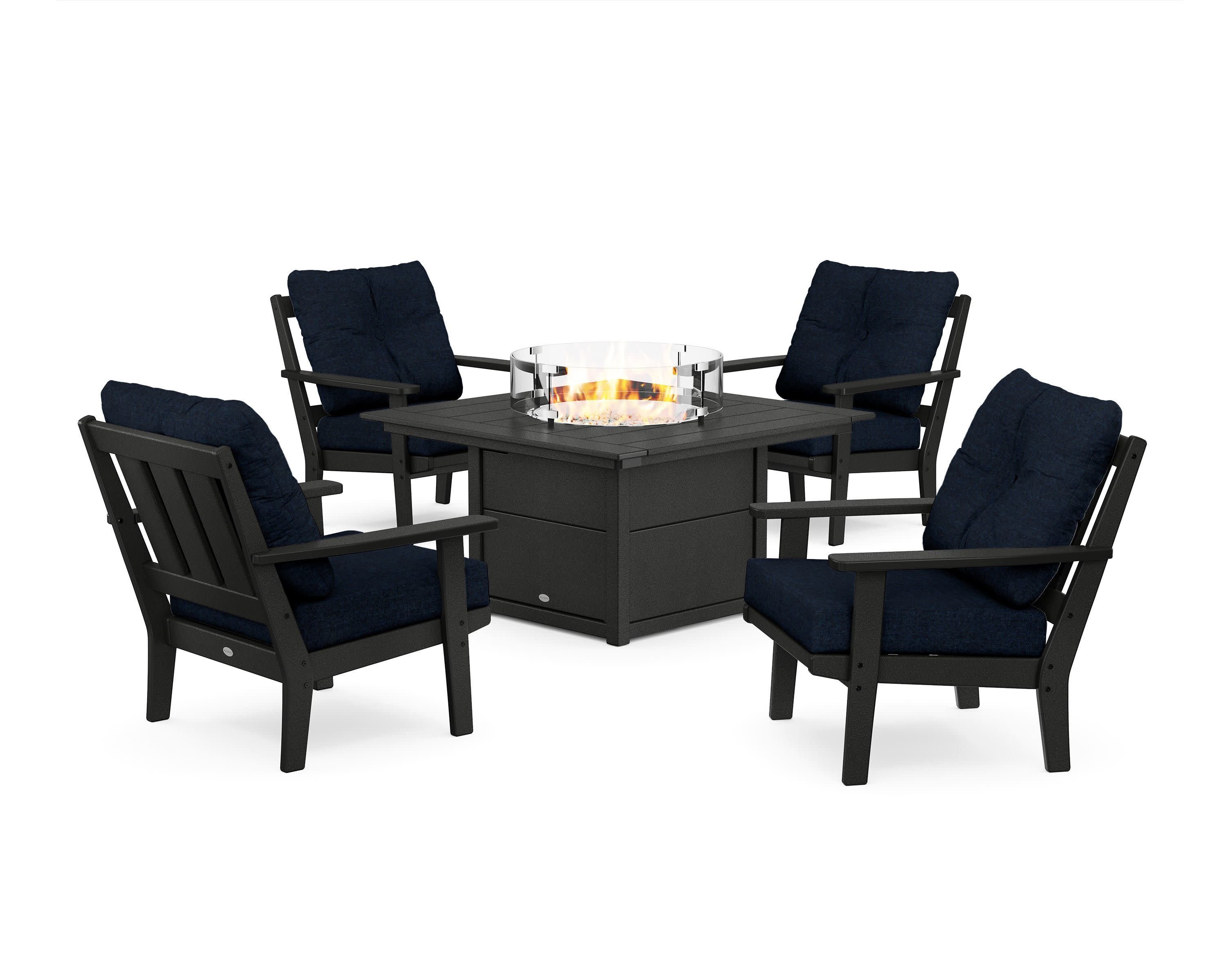 Oxford 5-Piece Deep Seating Set with Fire Pit Table in Black / Marine Indigo