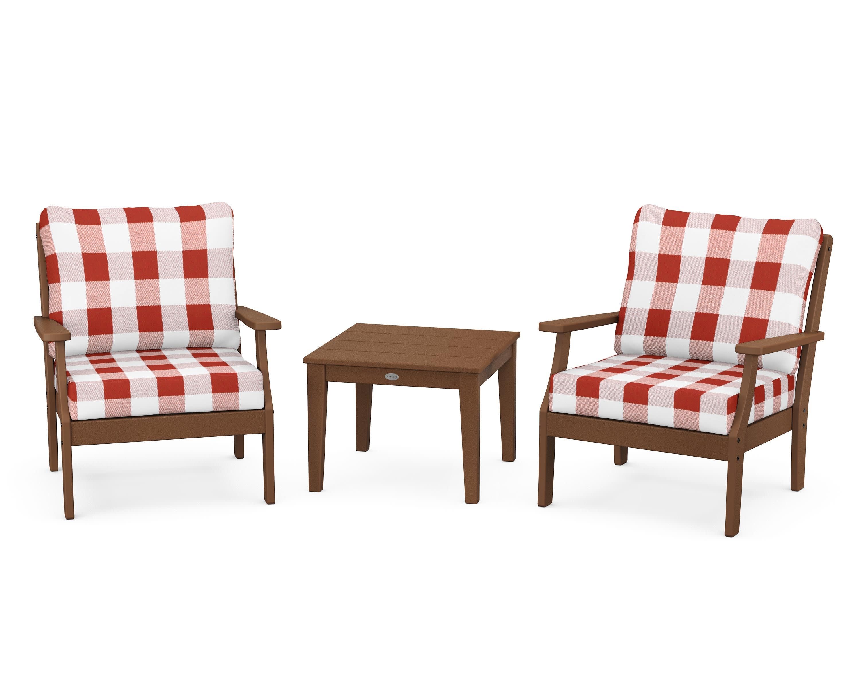 Braxton 3-Piece Deep Seating Set in Teak / Buffalo Plaid Crimson
