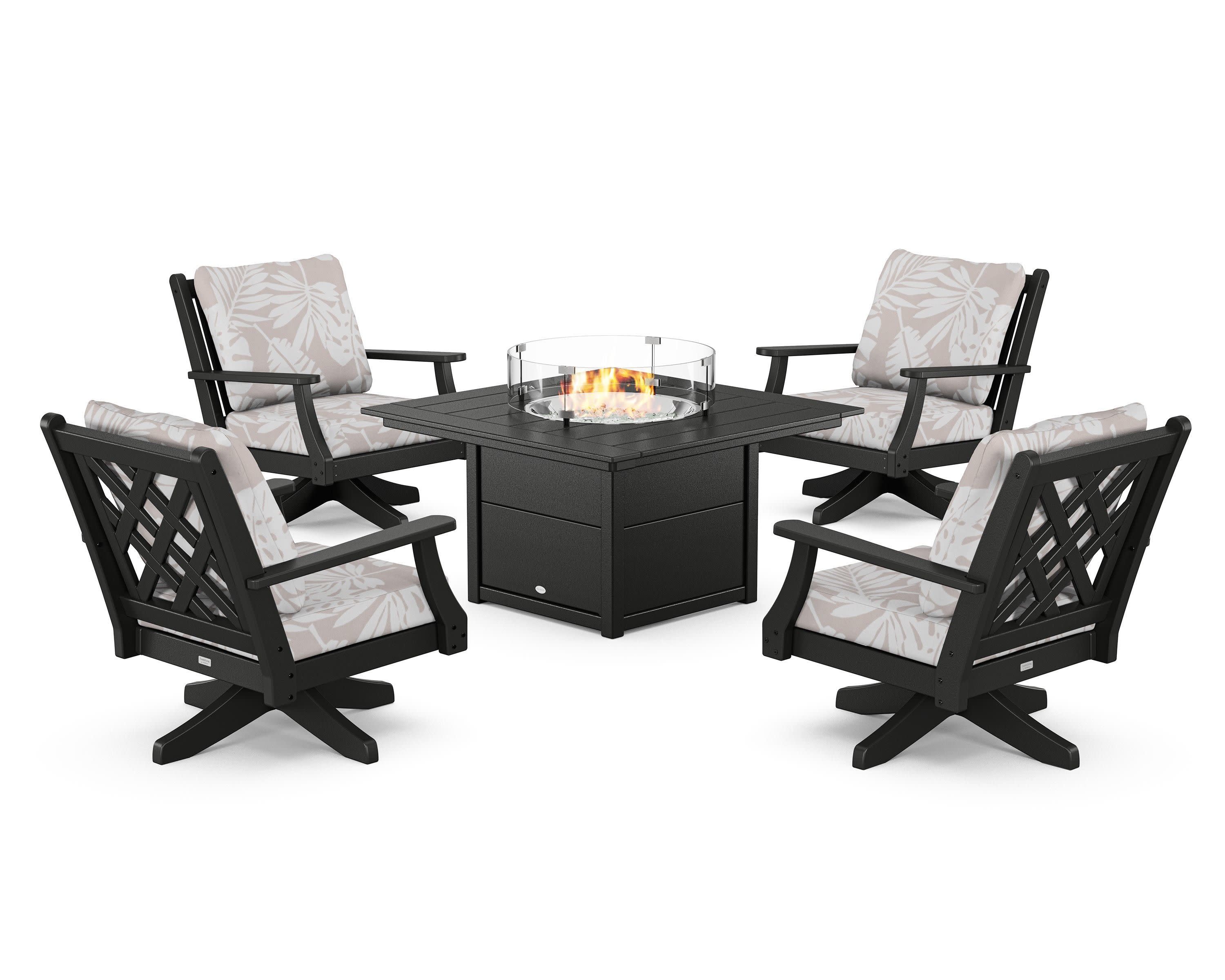 Wovendale 5-Piece Deep Seating Swivel Conversation Set with Fire Pit Table in Black / Leaf Dune Burlap