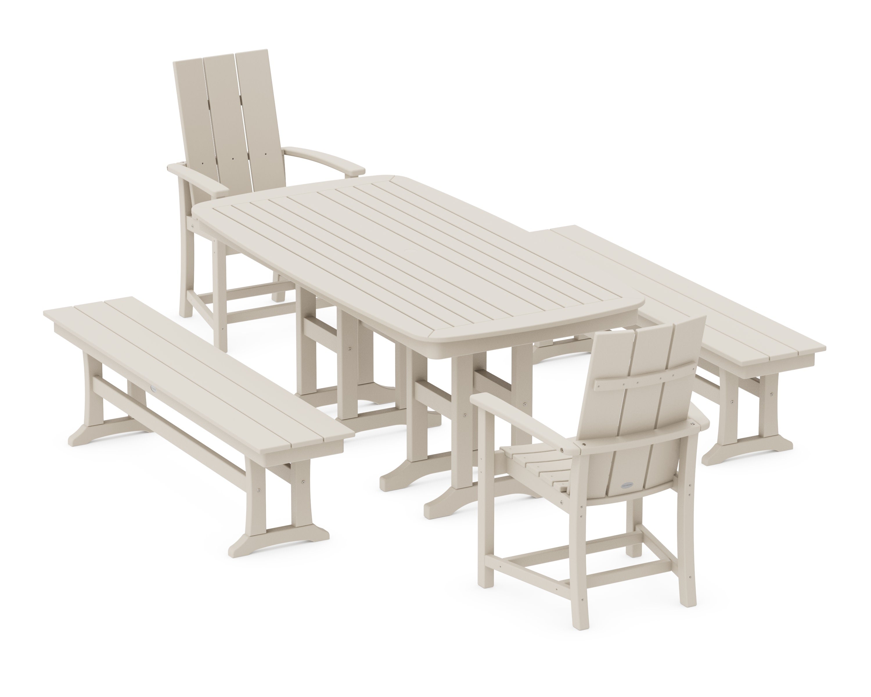 Modern Adirondack 5-Piece Farmhouse Dining Set with Benches in Sand