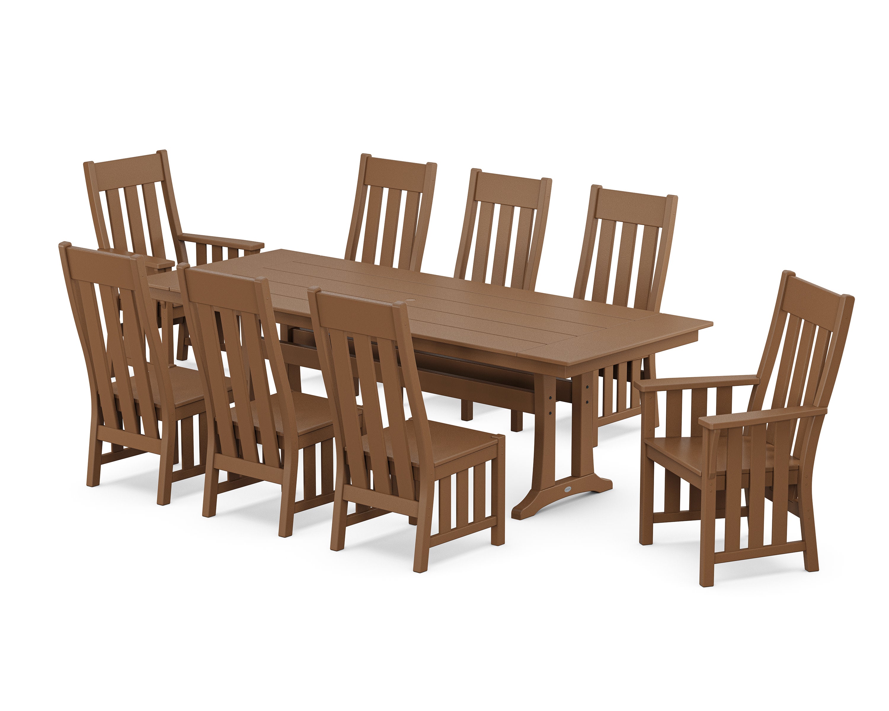 Acadia 9-Piece Farmhouse Dining Set with Trestle Legs in Teak