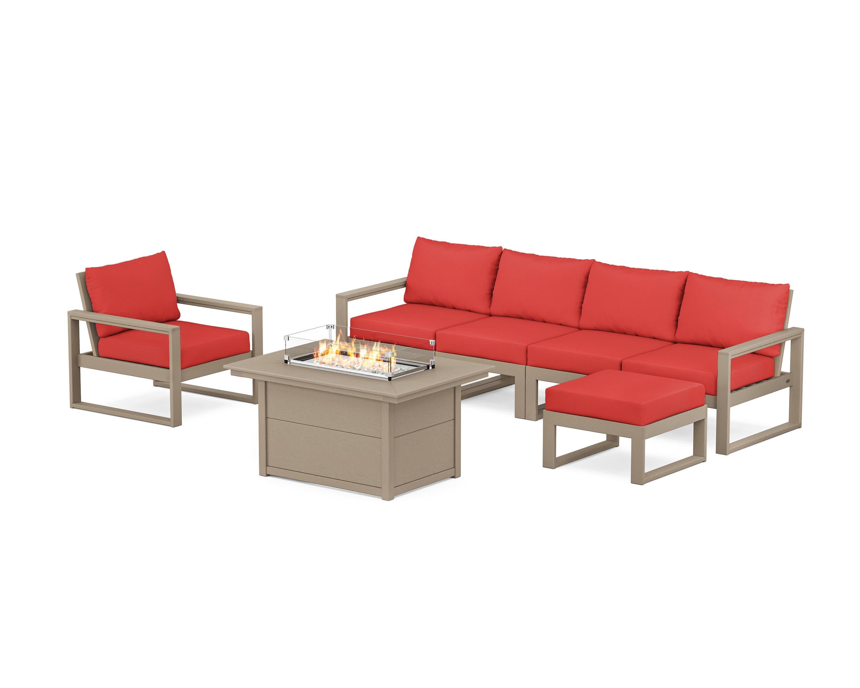 EDGE Sectional Lounge and Fire Pit Set in Vintage Sahara / Crimson Linen