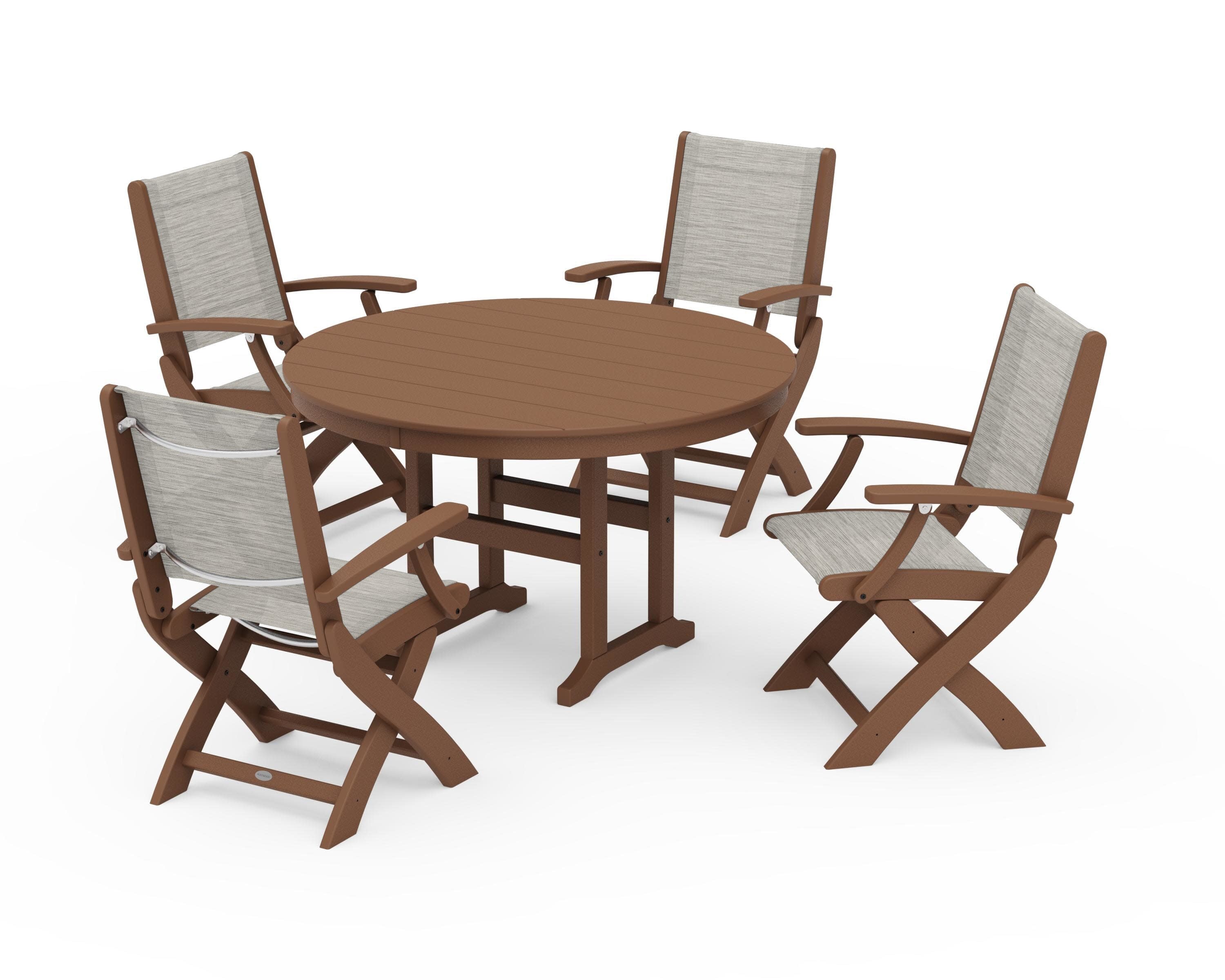 Coastal Folding Chair 5-Piece Round Dining Set in Teak / Birch Sling