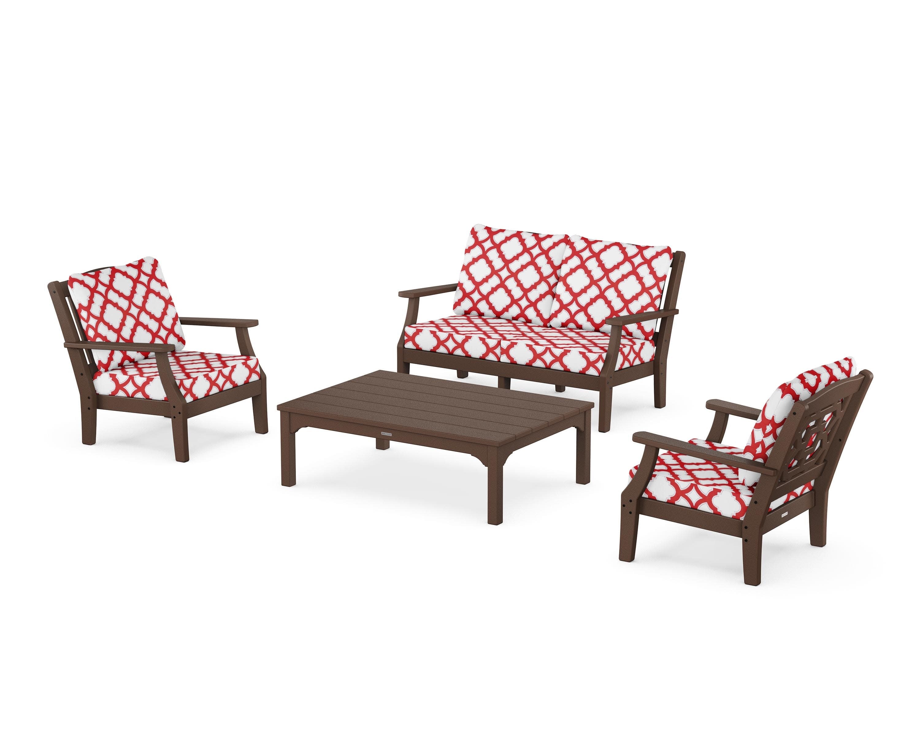 Chinoiserie 4-Piece Deep Seating Set with Loveseat in Mahogany / Trellis Crimson