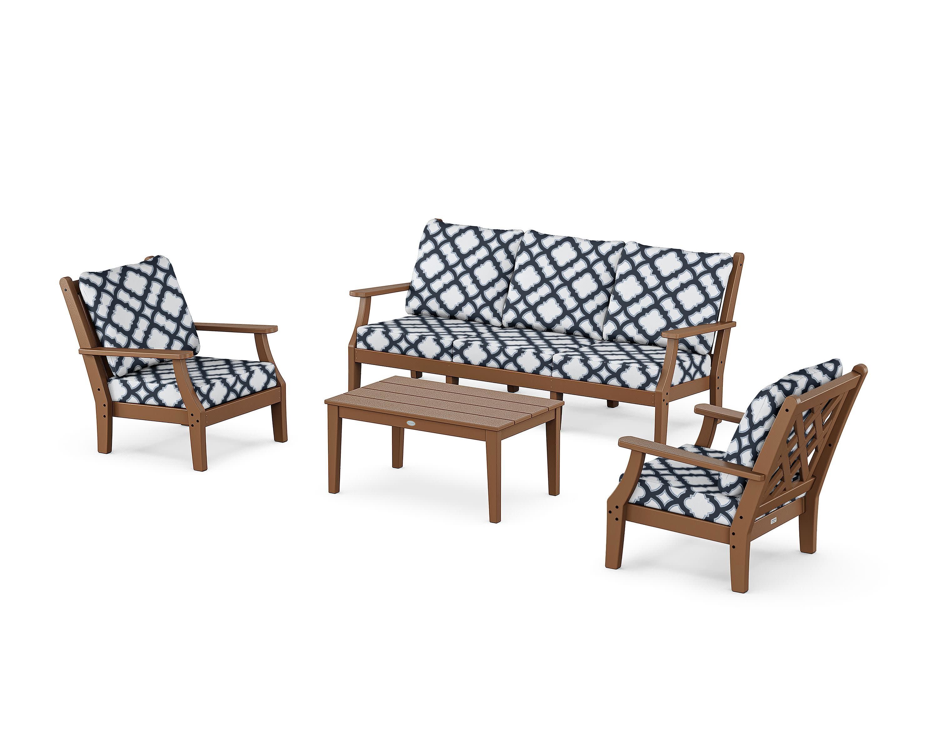 Wovendale 4-Piece Deep Seating Set with Sofa in Teak / Trellis Marine Indigo