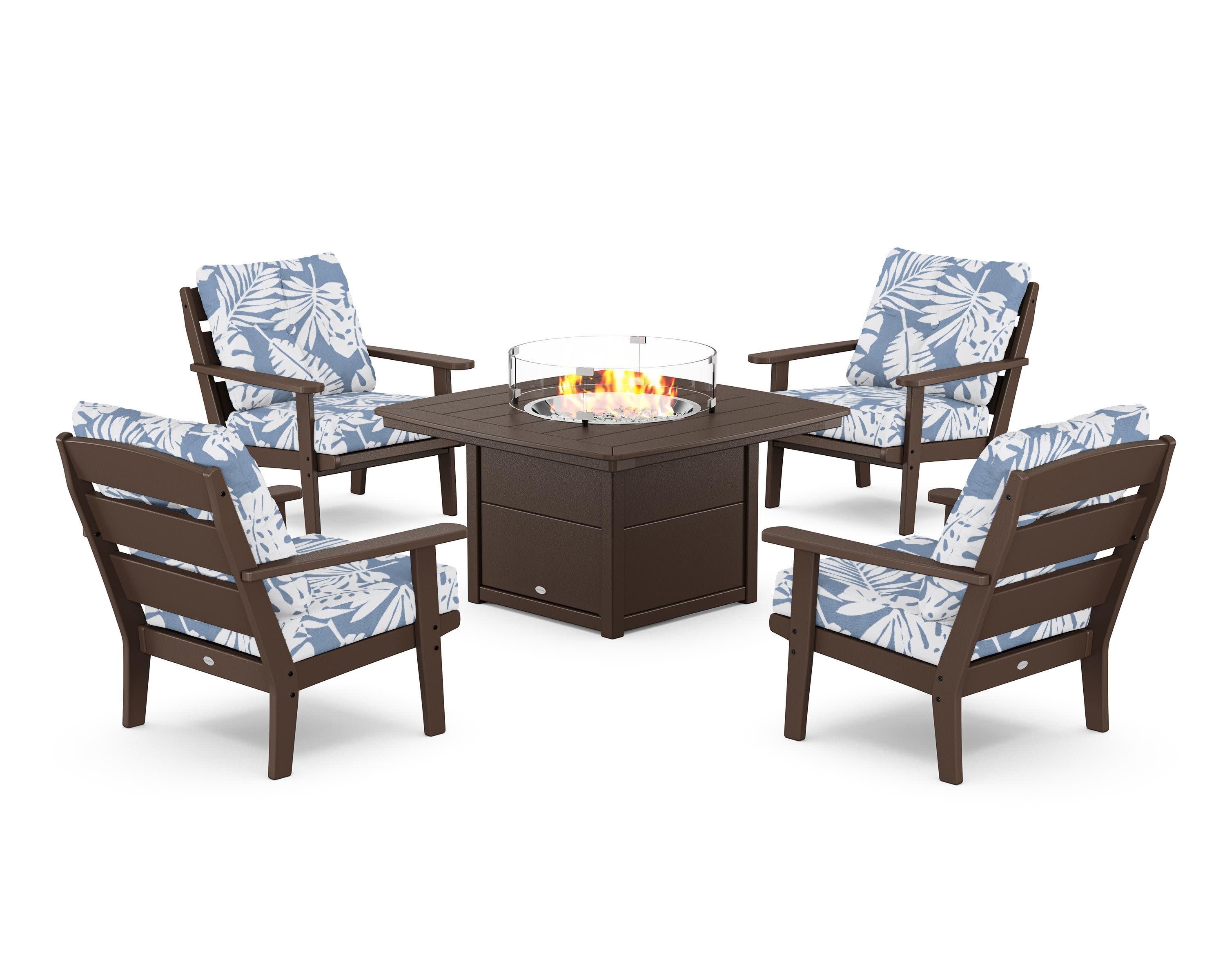 Lakeside 5-Piece Deep Seating Set with Nautical Fire Pit Table in Mahogany / Leaf Sky Blue