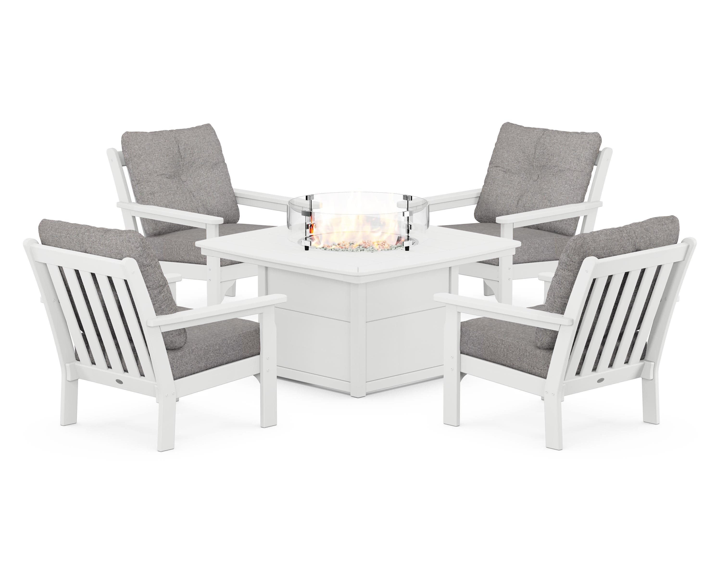 Vineyard 5-Piece Conversation Set with Fire Pit Table in White / Grey Mist
