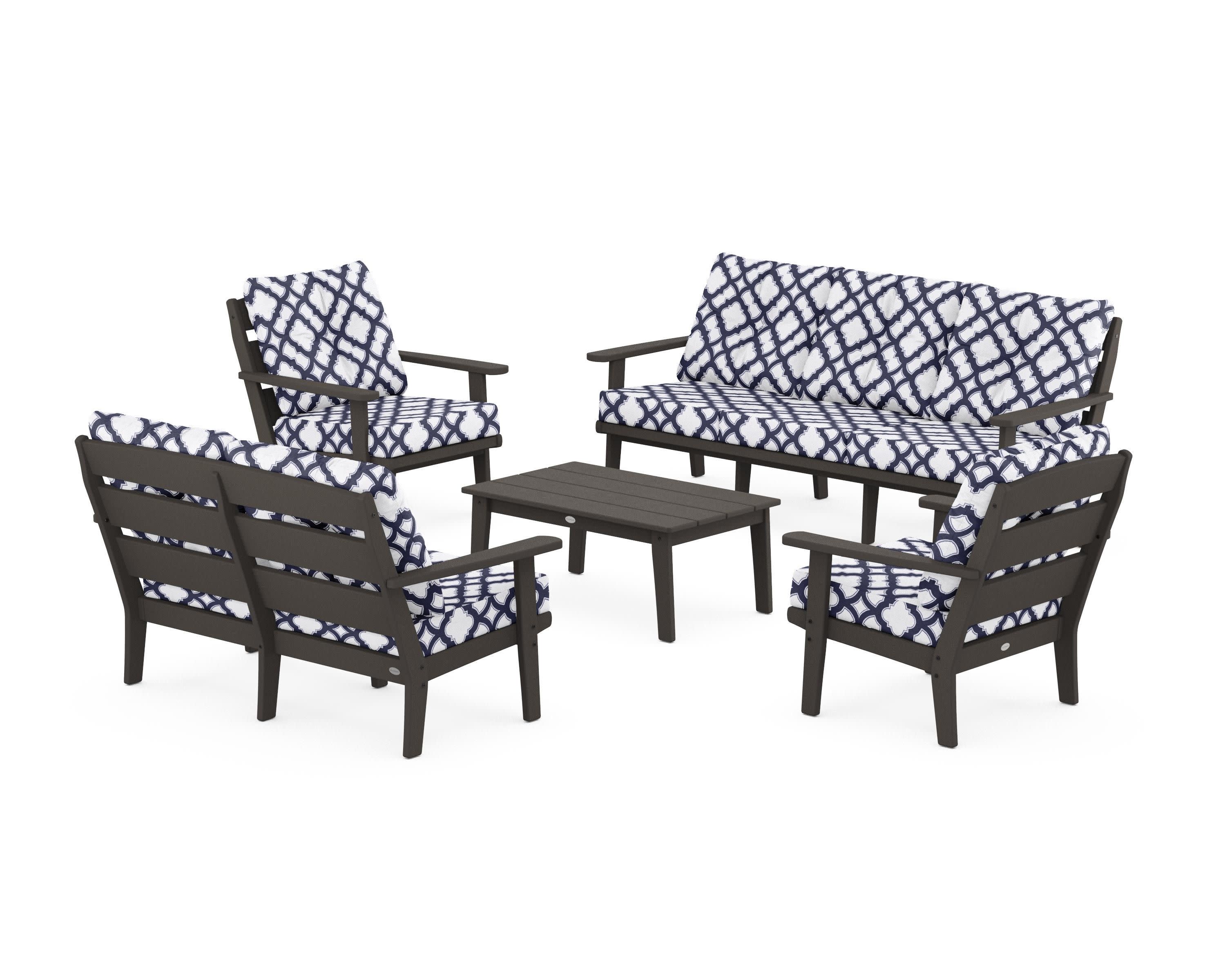 Lakeside 5-Piece Lounge Sofa Set in Vintage Coffee / Trellis Navy