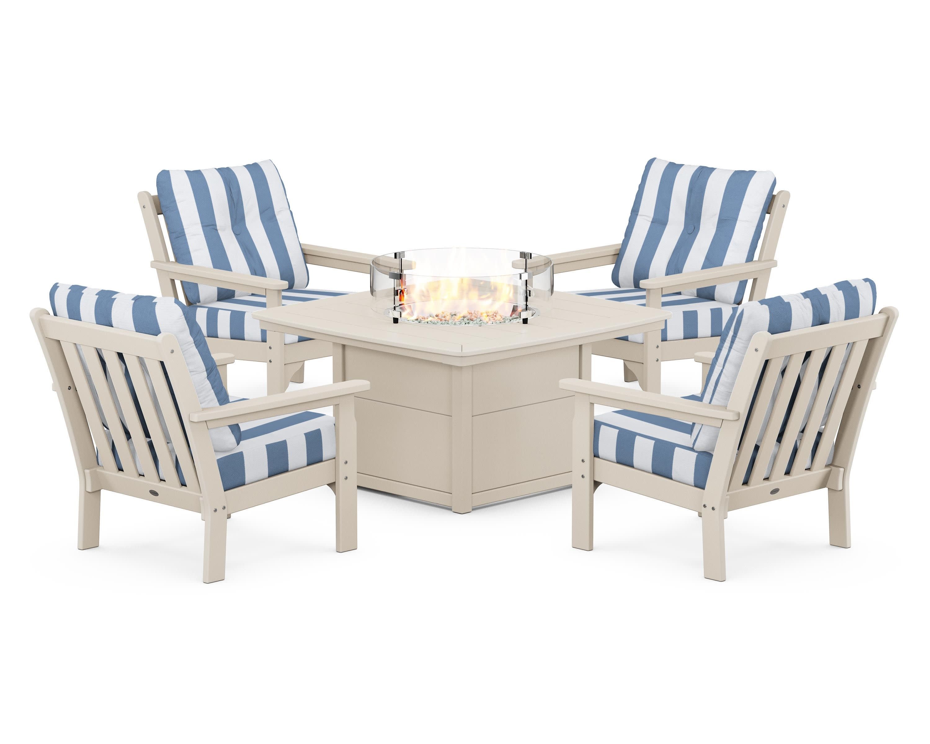 Vineyard 5-Piece Conversation Set with Fire Pit Table in Sand / Cabana Stripe Sky Blue
