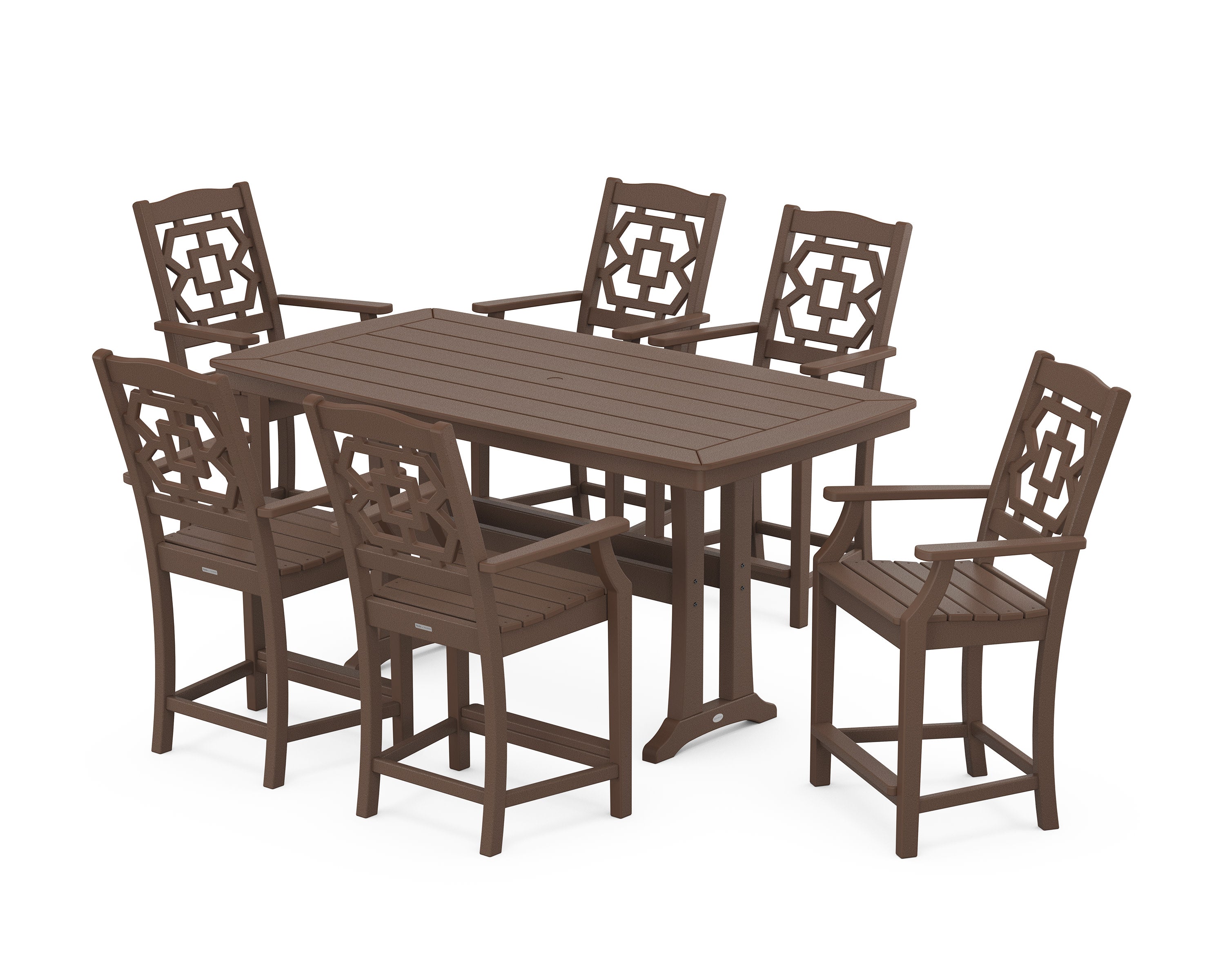 Chinoiserie Arm Chair 7-Piece Counter Set with Trestle Legs in Mahogany