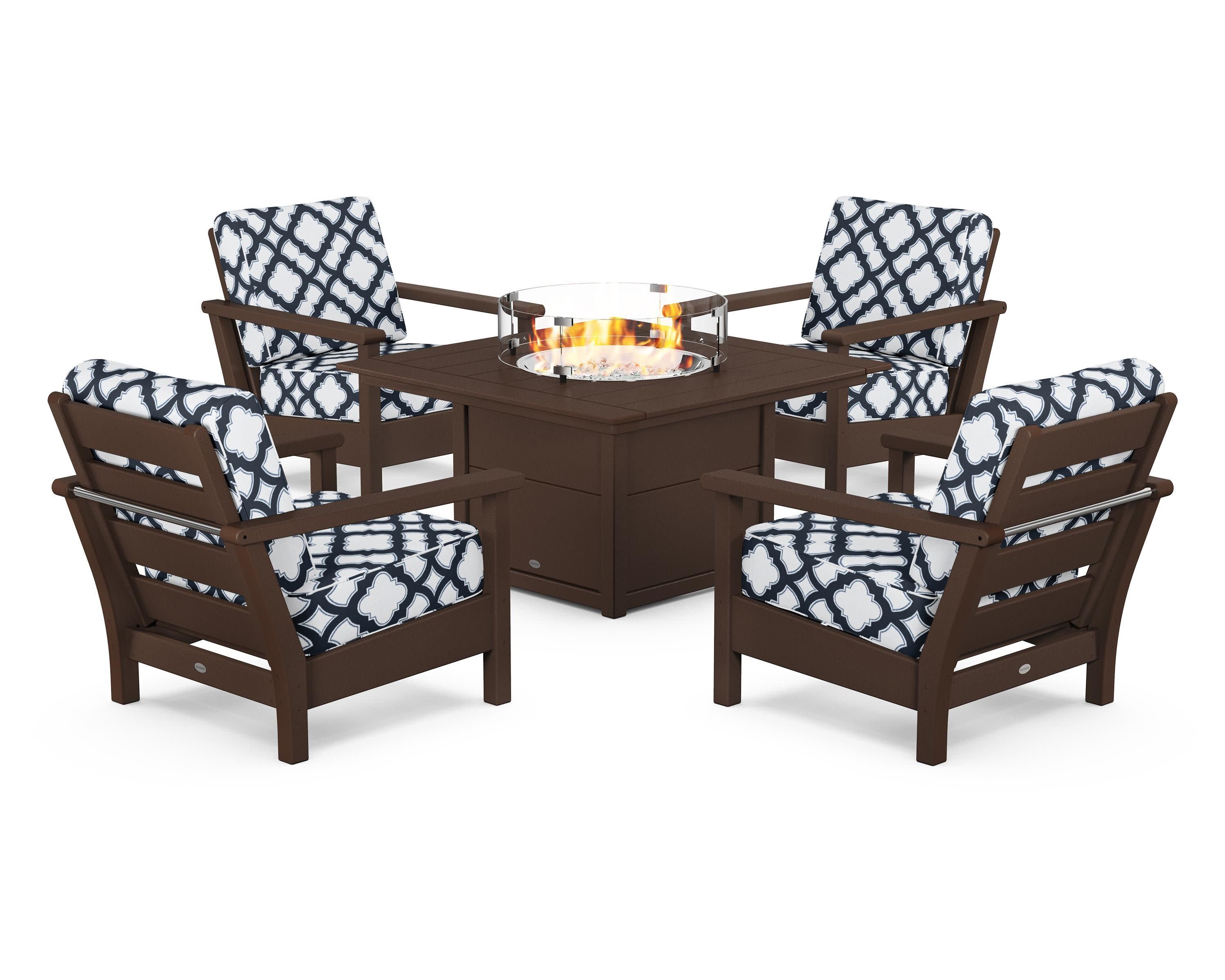 Harbour 5-Piece Conversation Set with Fire Pit Table in Mahogany / Trellis Marine Indigo