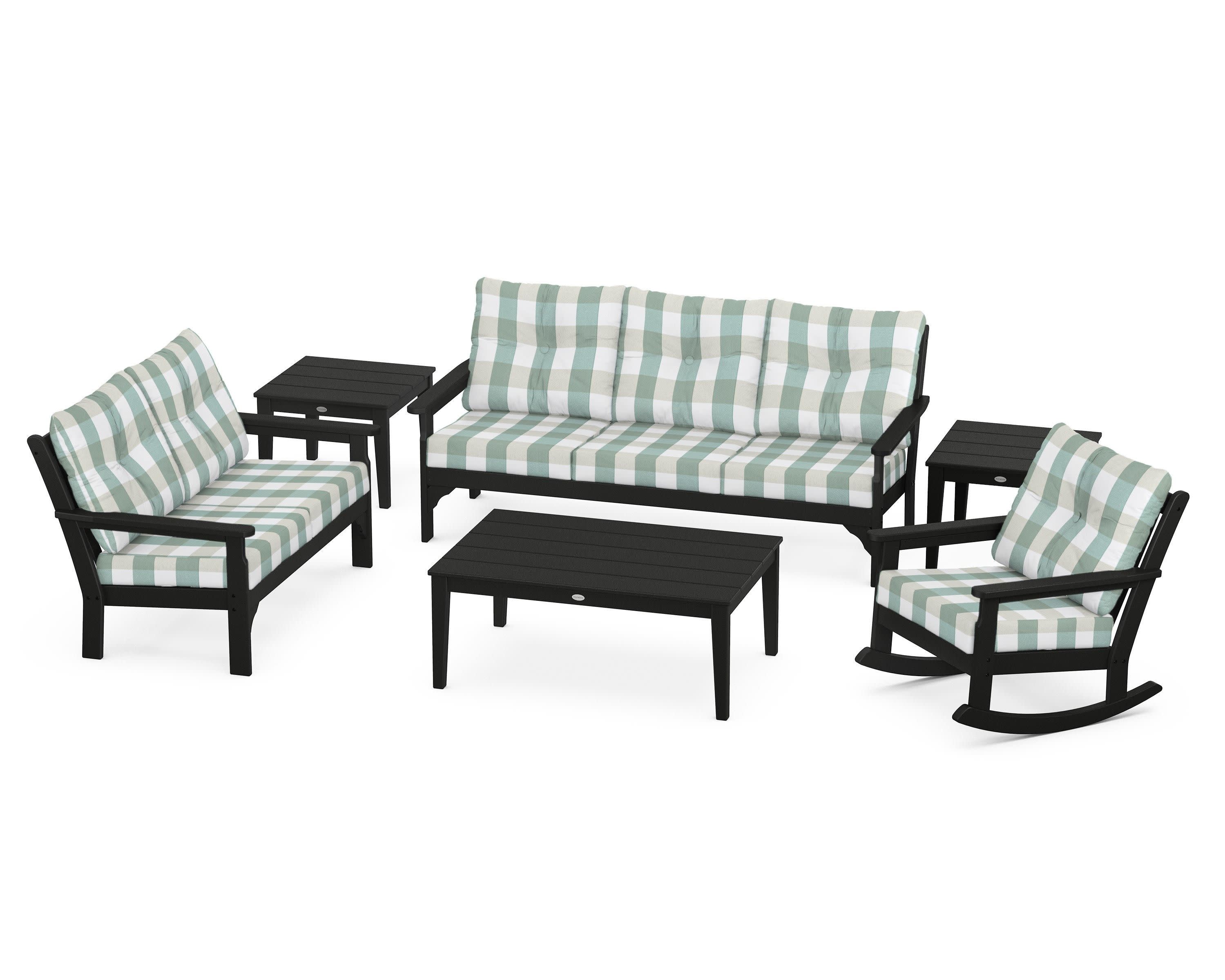 Vineyard 6-Piece Deep Seating Set in Black / Buffalo Plaid Glacier Spa