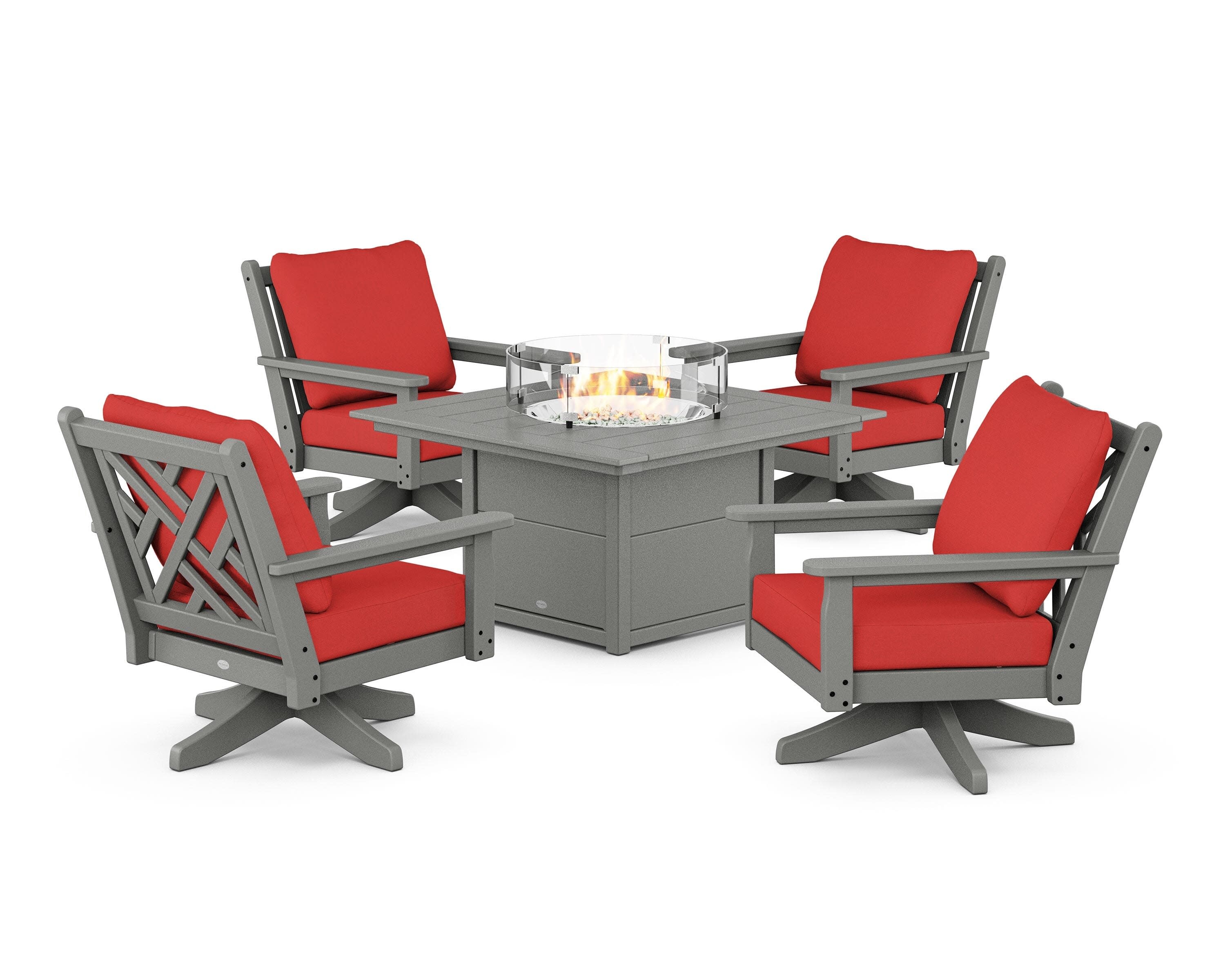 Chippendale 5-Piece Deep Seating Swivel Conversation Set with Fire Pit Table in Slate Grey / Crimson Linen