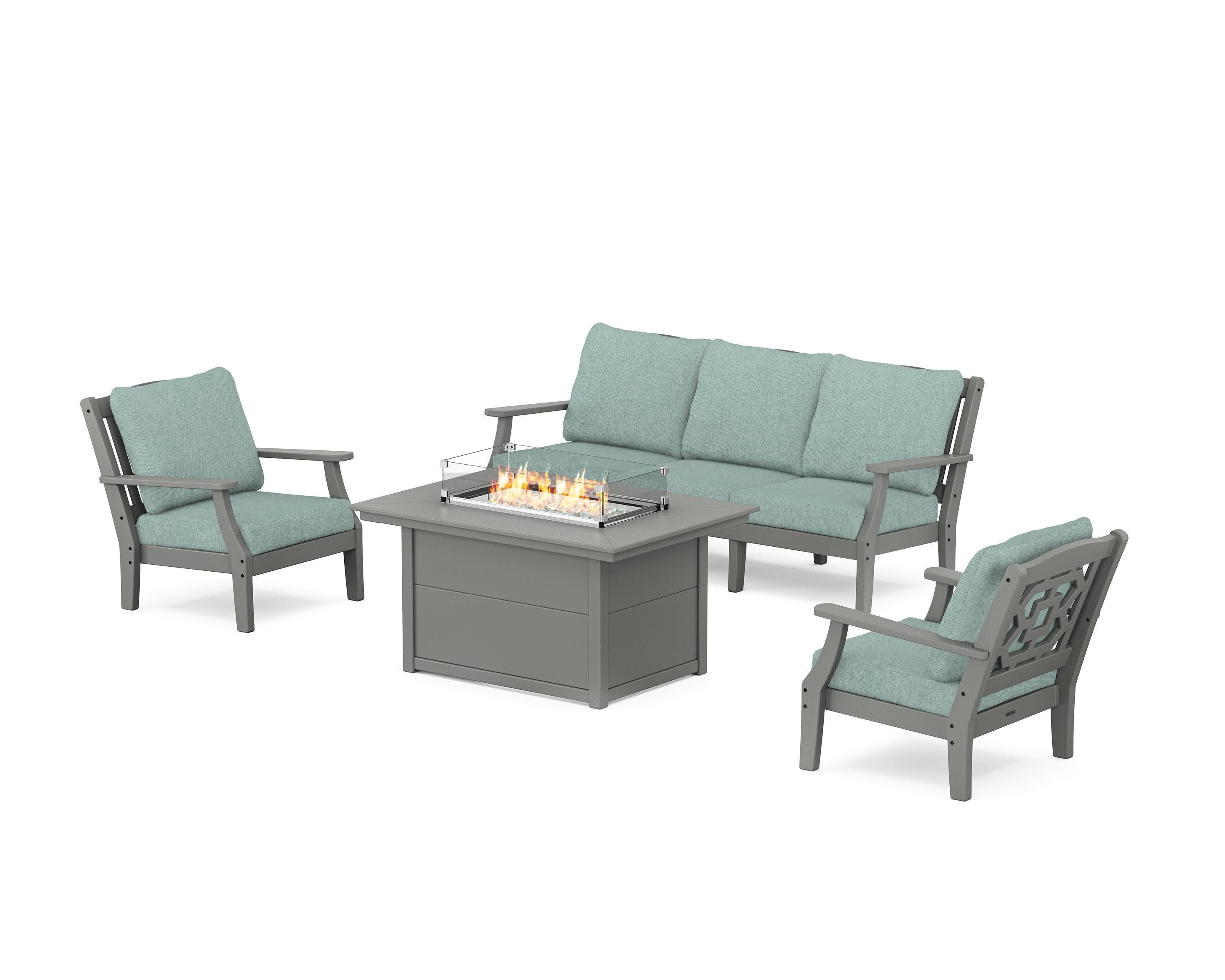 Chinoiserie Deep Seating Fire Pit Table Set in Slate Grey / Glacier Spa