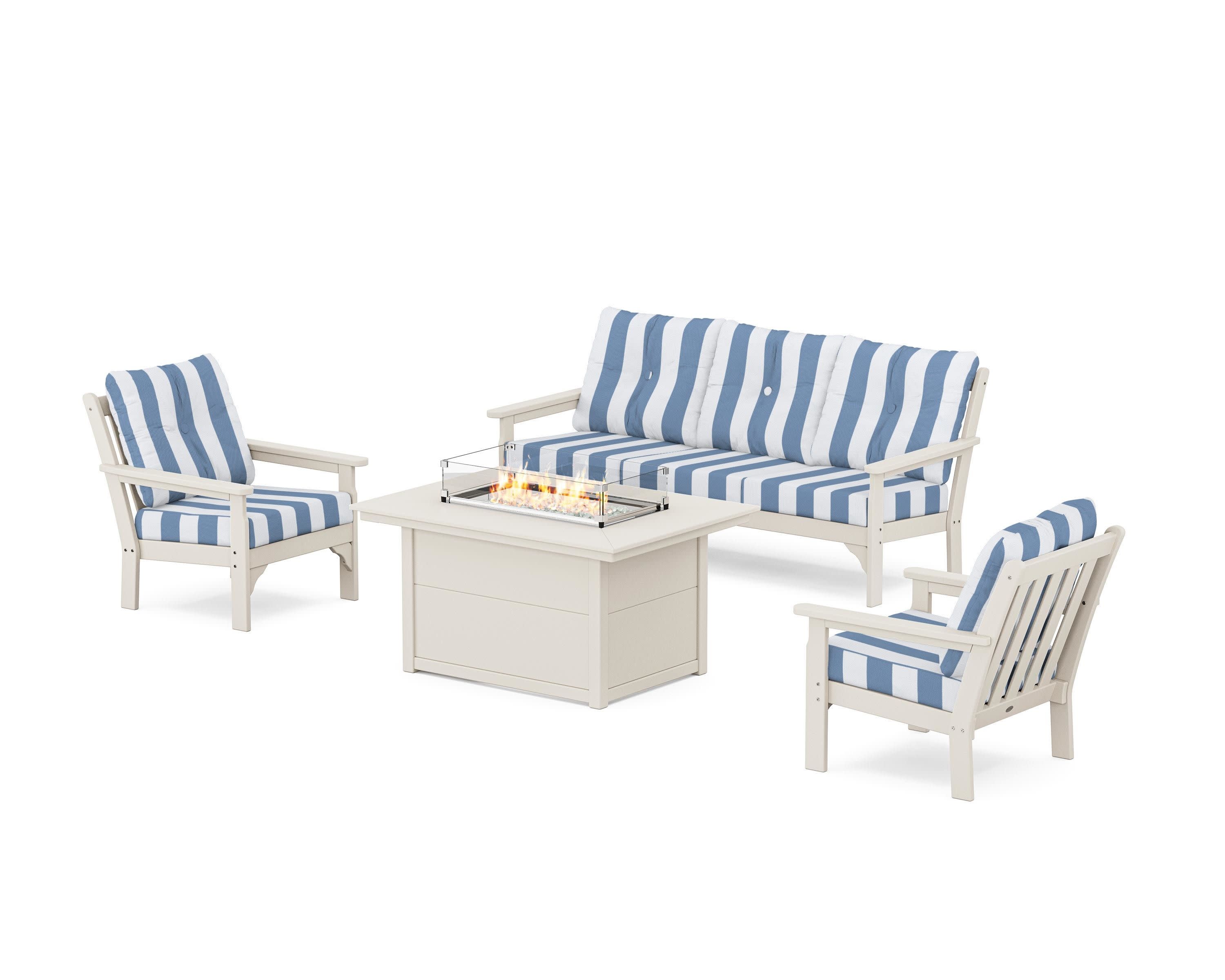 Vineyard Deep Seating Fire Pit Table Set in Sand / Cabana Stripe Sky Blue