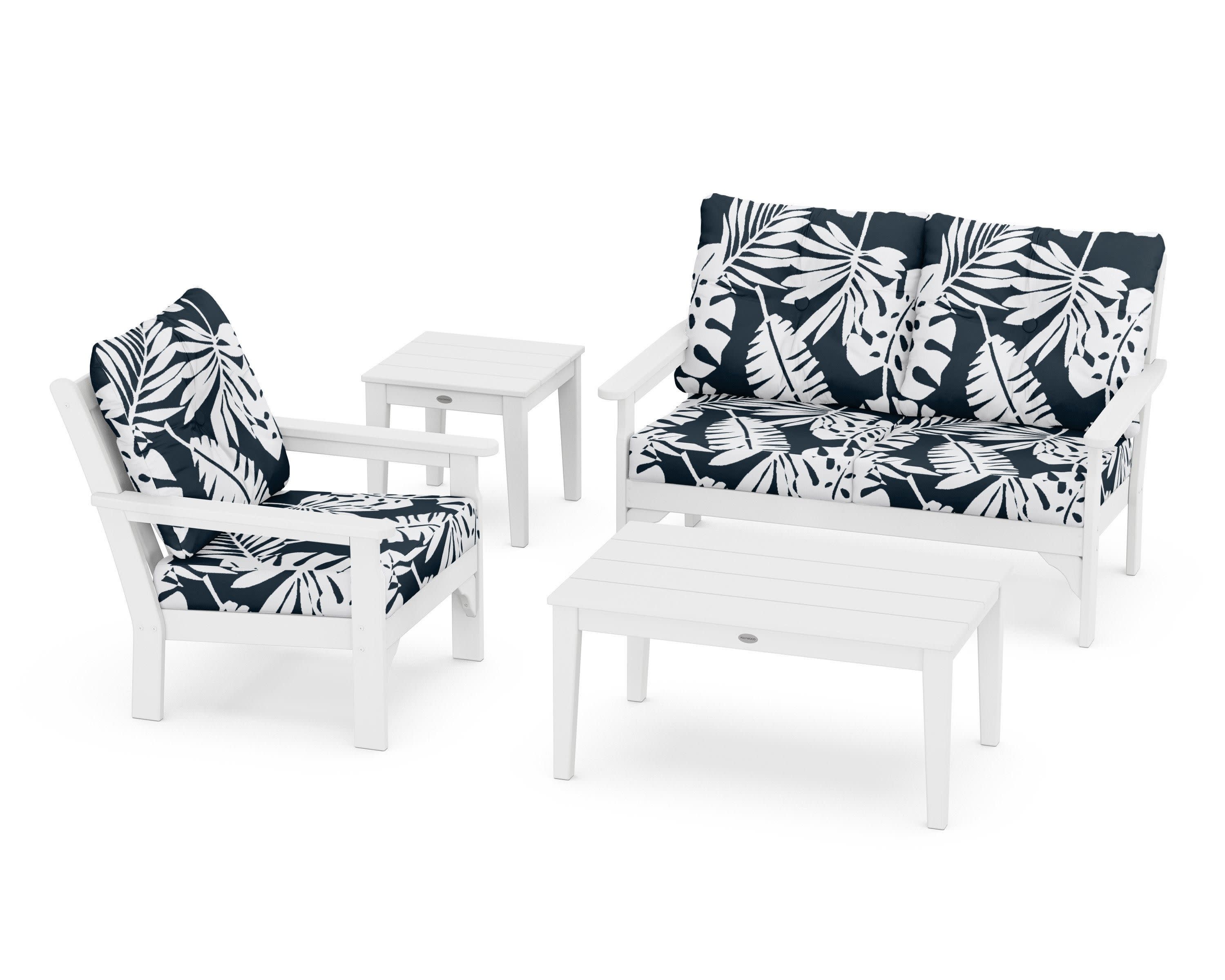 Vineyard 4-Piece Deep Seating Set in White / Leaf Marine Indigo
