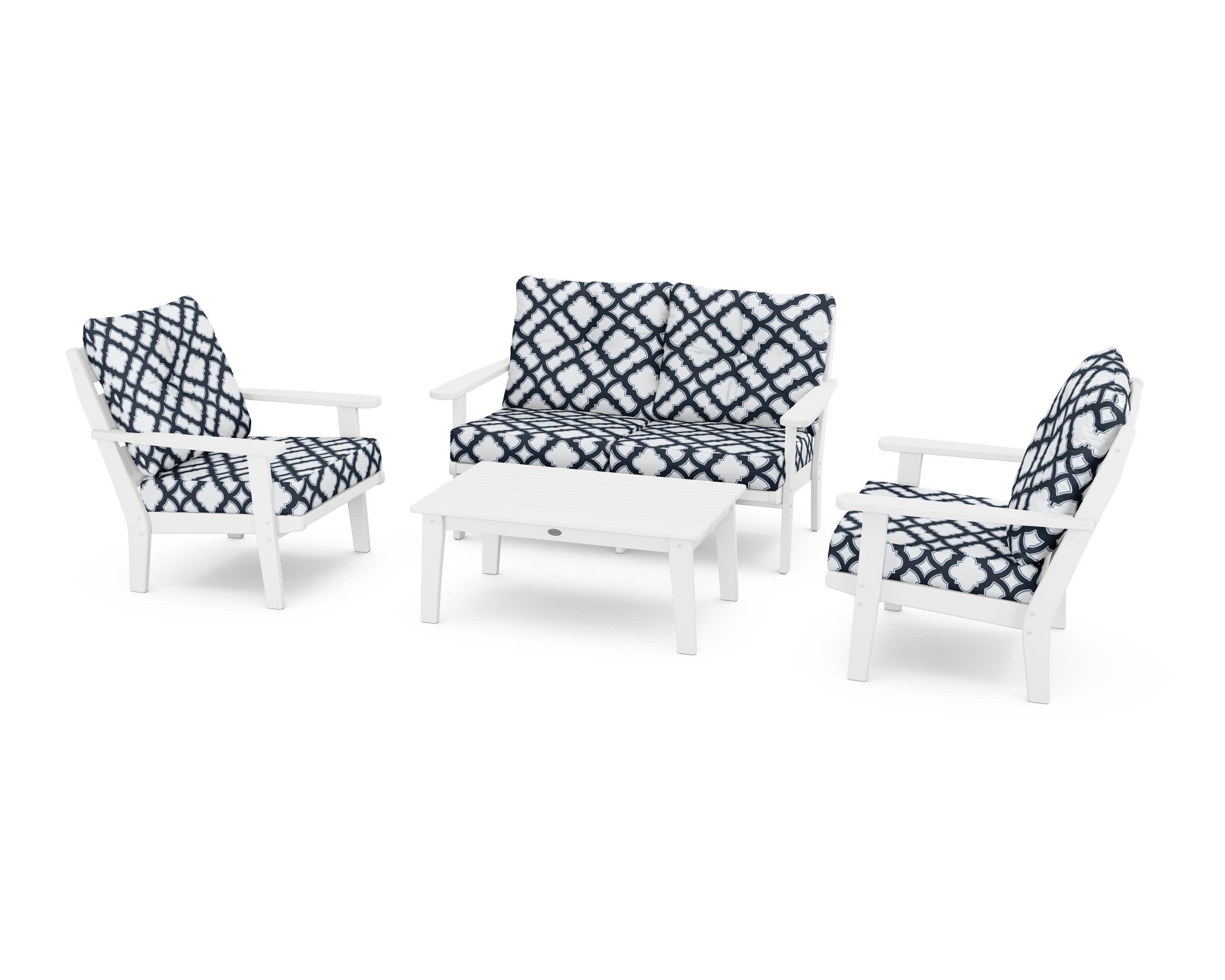 Lakeside 4-Piece Deep Seating Set in White / Trellis Marine Indigo