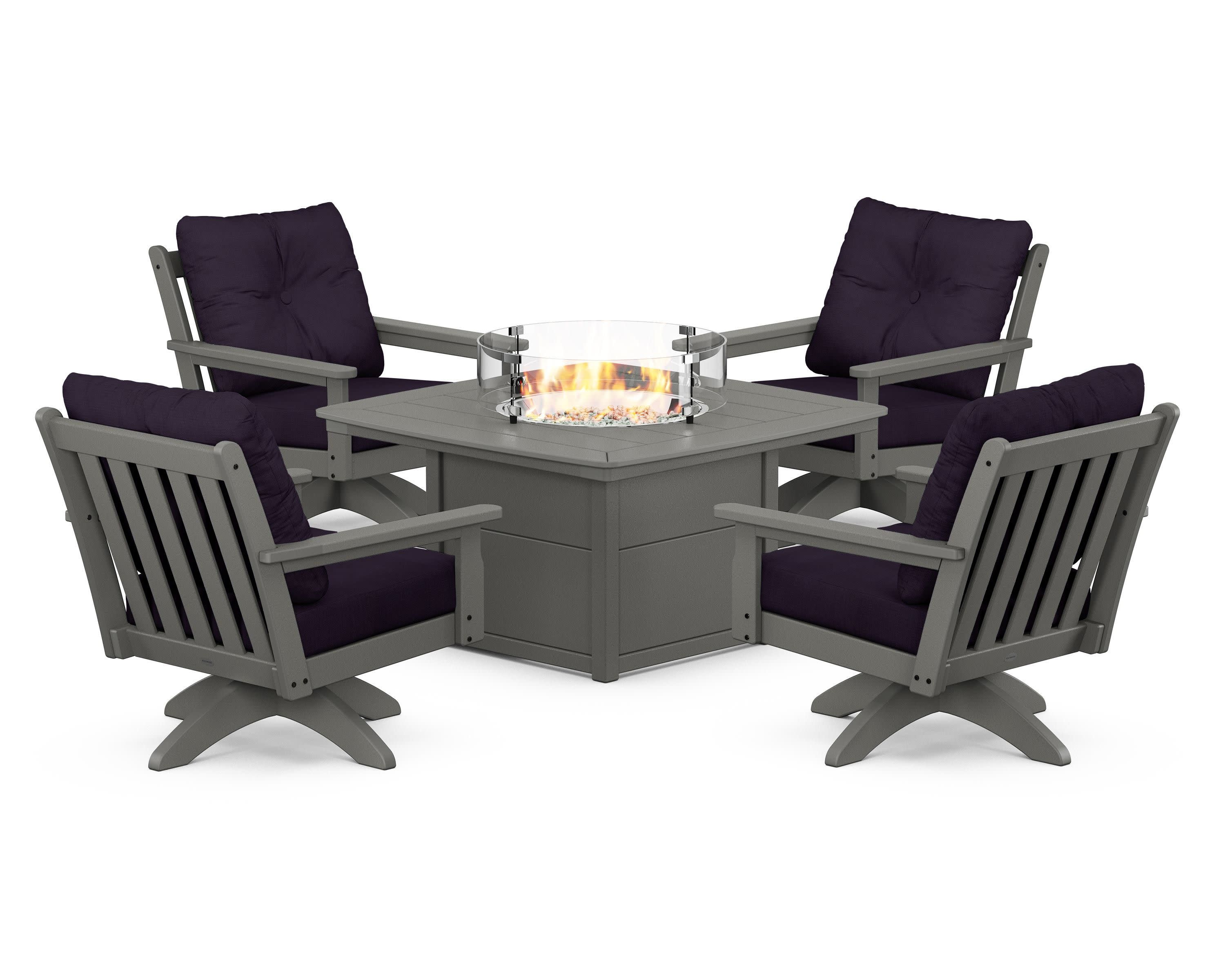 Vineyard 5-Piece Deep Seating Swivel Conversation Set with Fire Pit Table in Slate Grey / Navy Linen