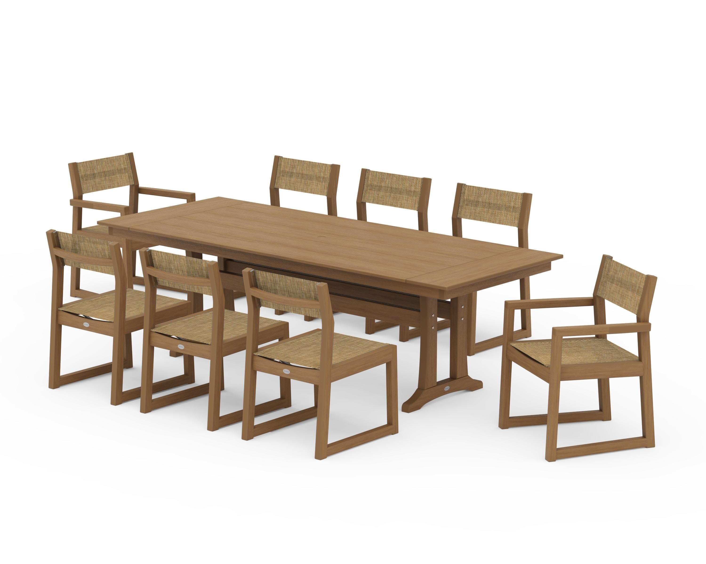 EDGE Sling 9-Piece Farmhouse Trestle Dining Set in Natural / Burlap Sling
