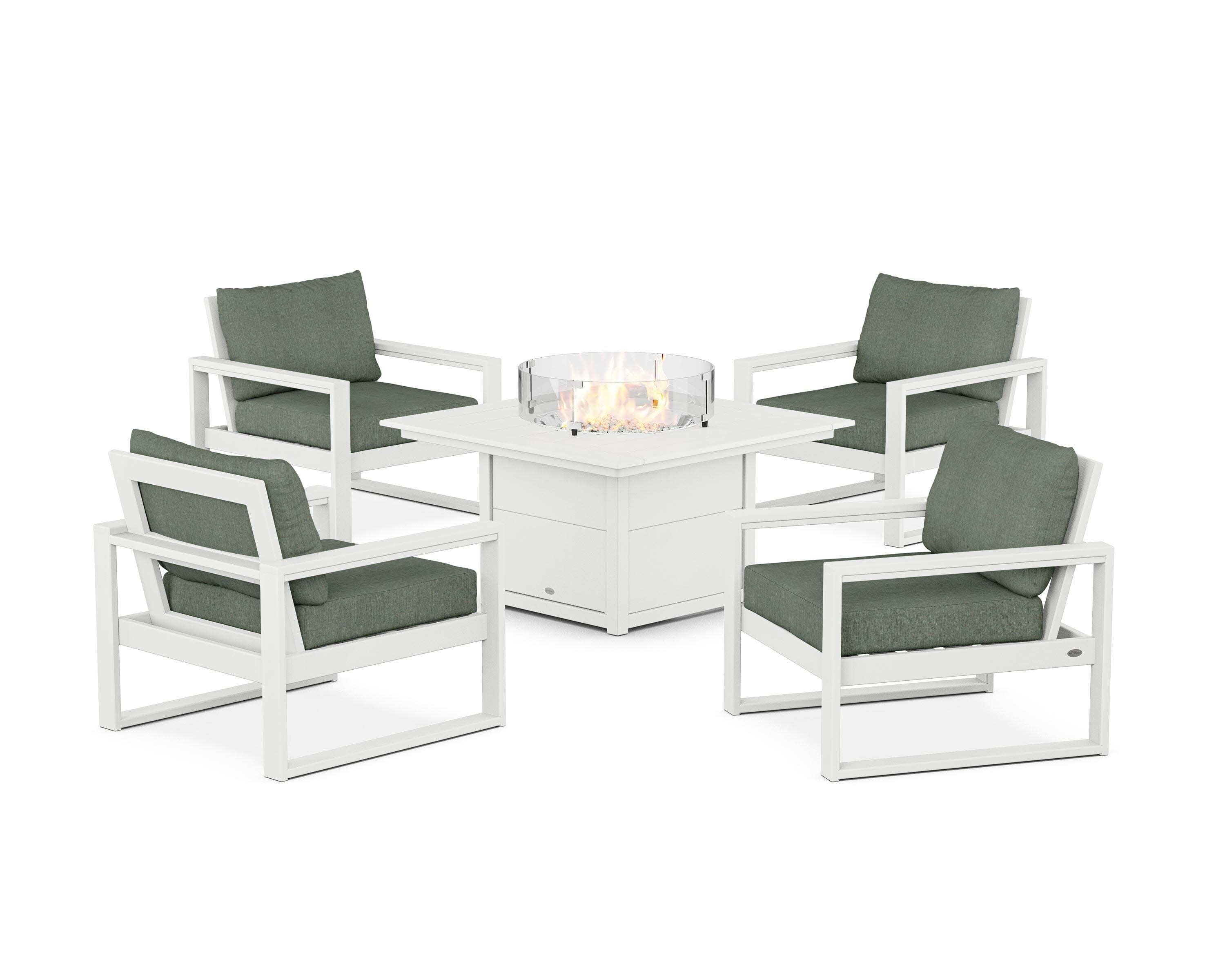 EDGE Sectional 5-Piece Deep Seating Set with Fire Pit Table in White / Cast Sage
