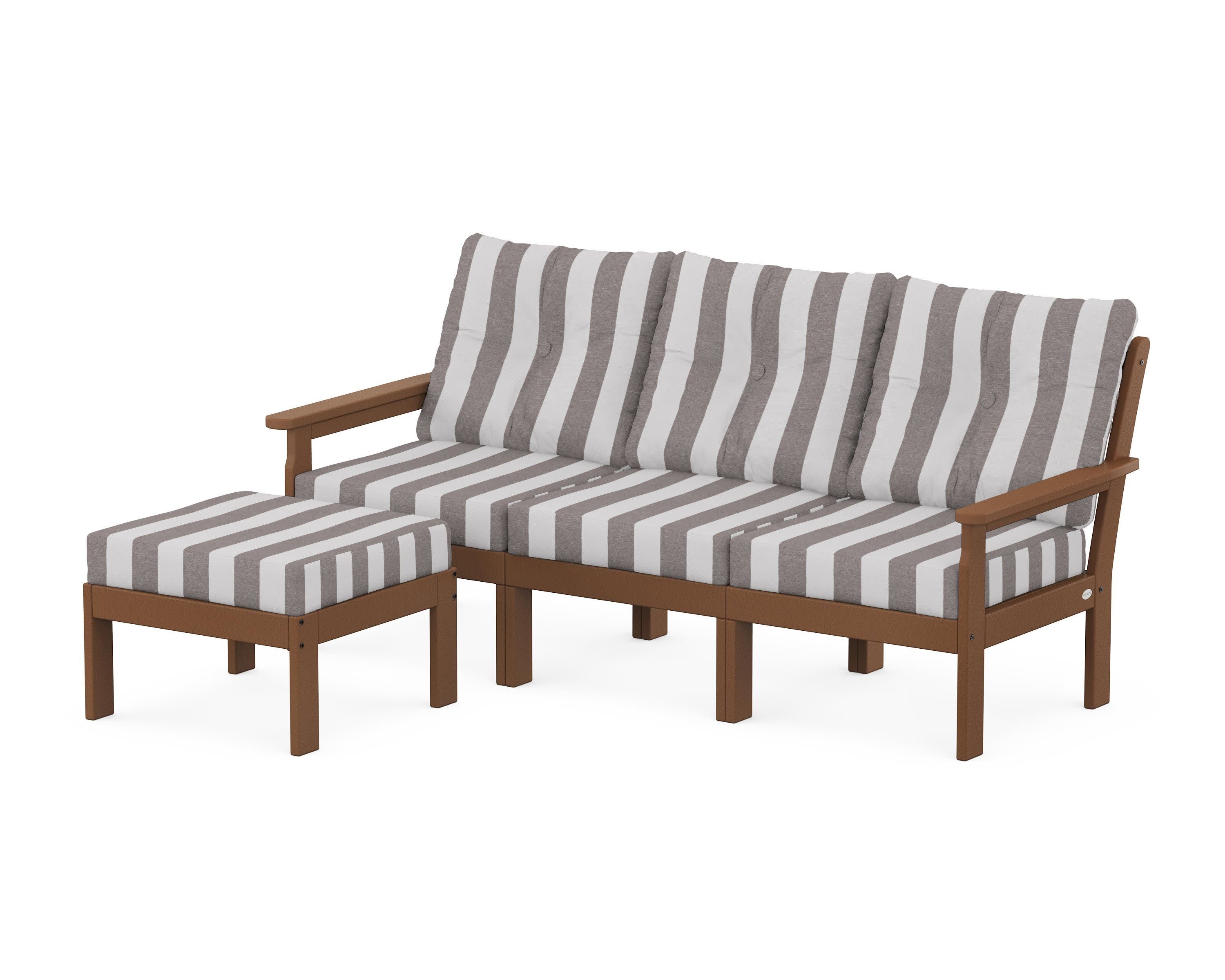 Vineyard 4-Piece Sectional with Ottoman in Teak / Cabana Stripe Grey Mist
