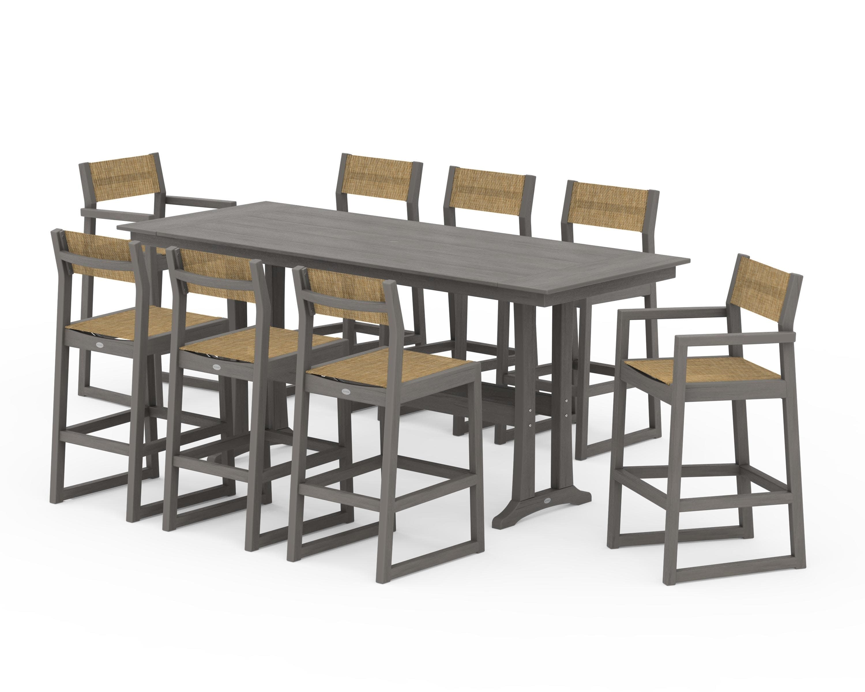 EDGE Sling 9-Piece Farmhouse Bar Set with Trestle Legs in Driftwood / Burlap Sling
